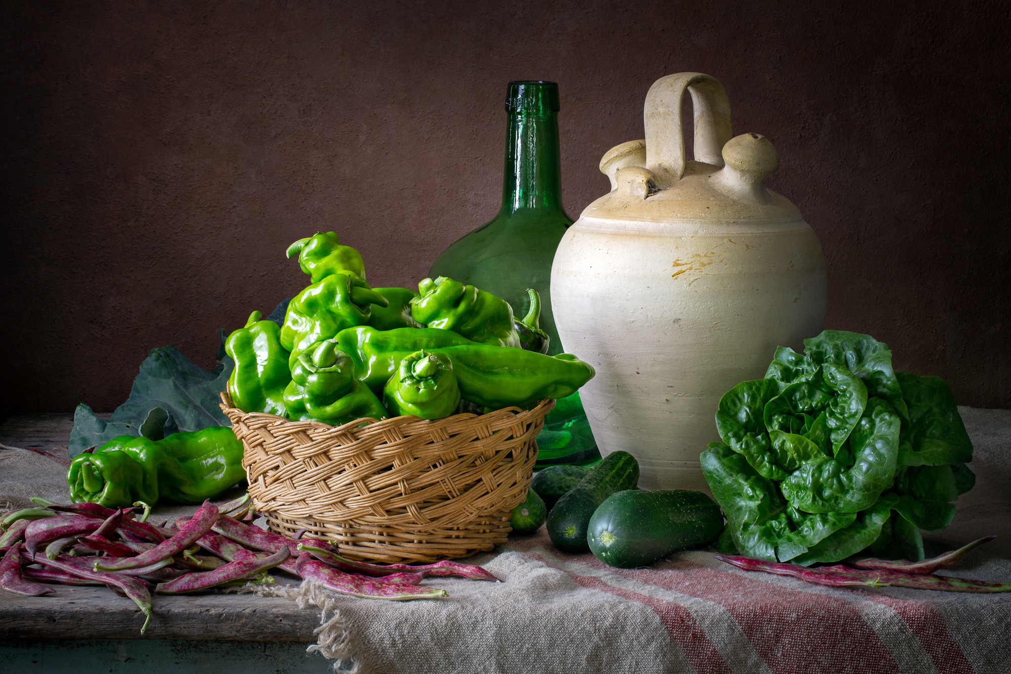 food, still life, bottle, cabbage, cucumber, jug, pepper, vegetable HD wallpaper