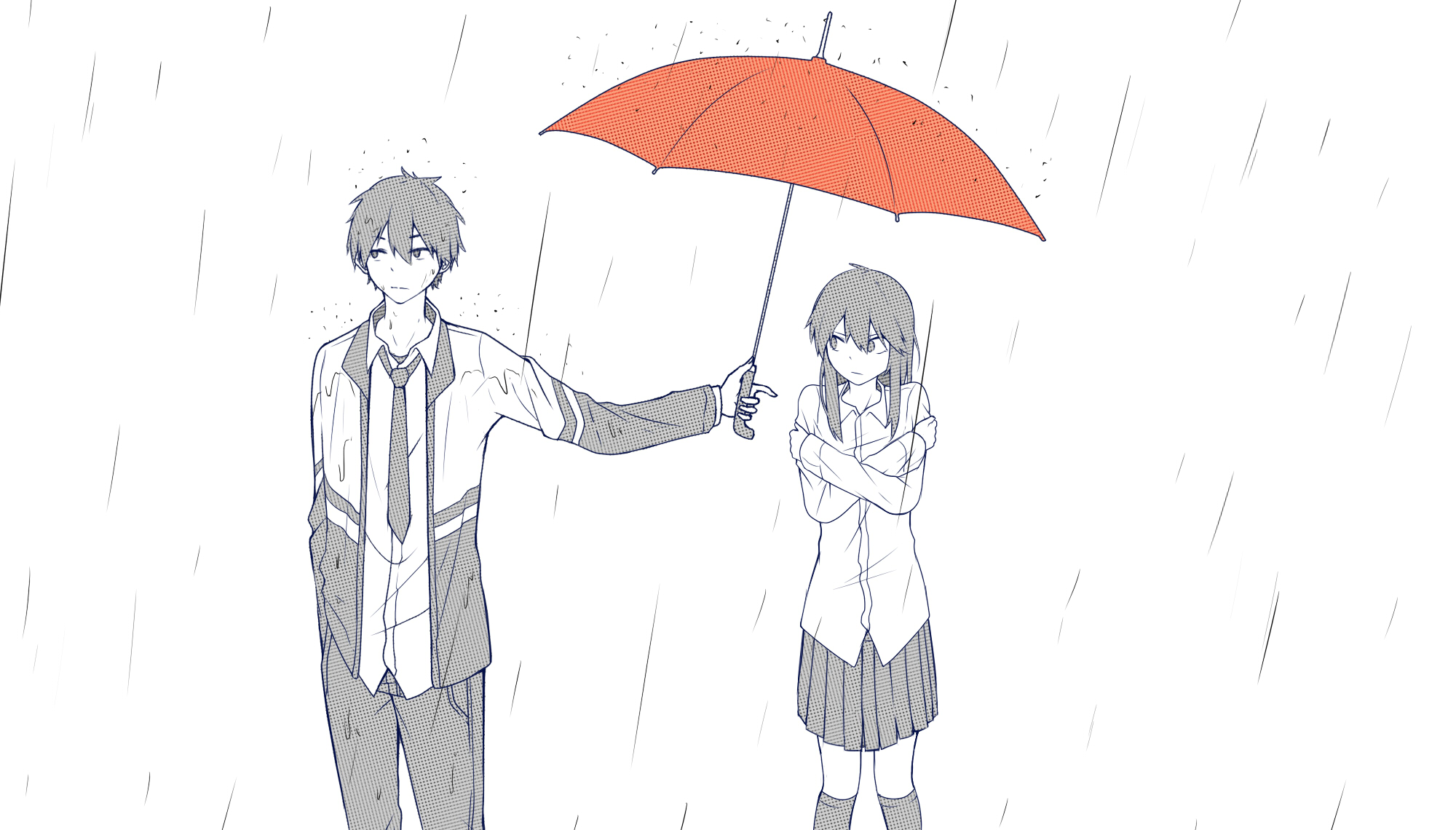 Аниме парень и девушка под дождем