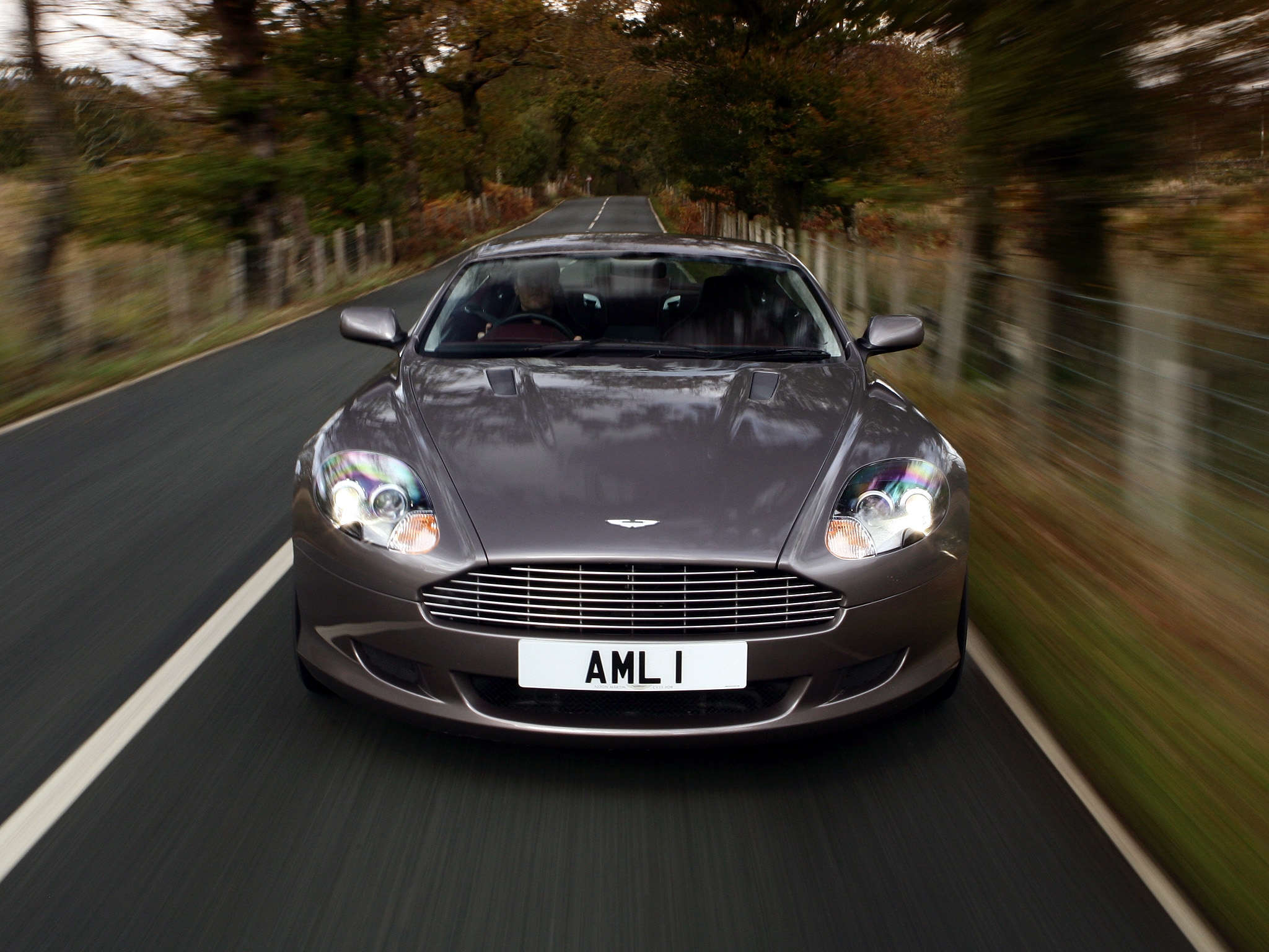 Download mobile wallpaper 2004, Db9, Trees, Style, Grass, Aston Martin, Grey, Speed, Front View, Auto, Cars, Nature for free.