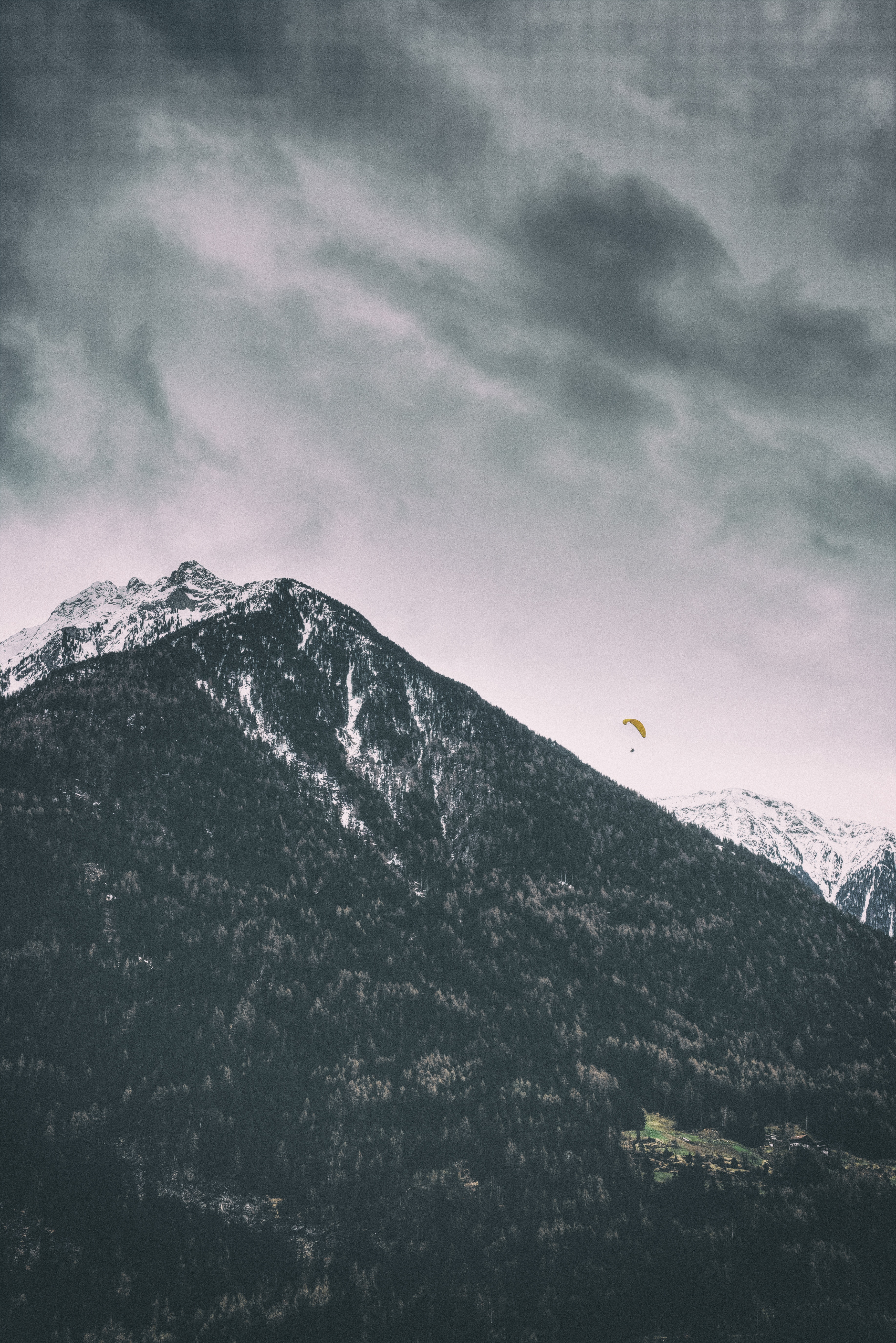 Download mobile wallpaper Vertex, Top, Snowy, Paraglider, Paragliding, Snow Covered, Nature, Trees, Mountains for free.