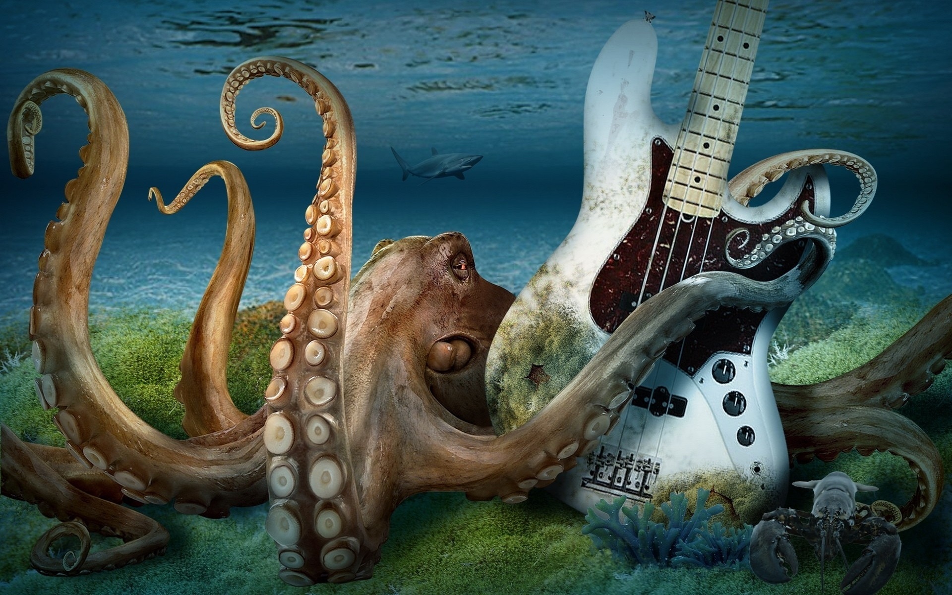 3d, animal, cgi, guitar, ocean, octopus, shark, tentacle wallpaper for mobile