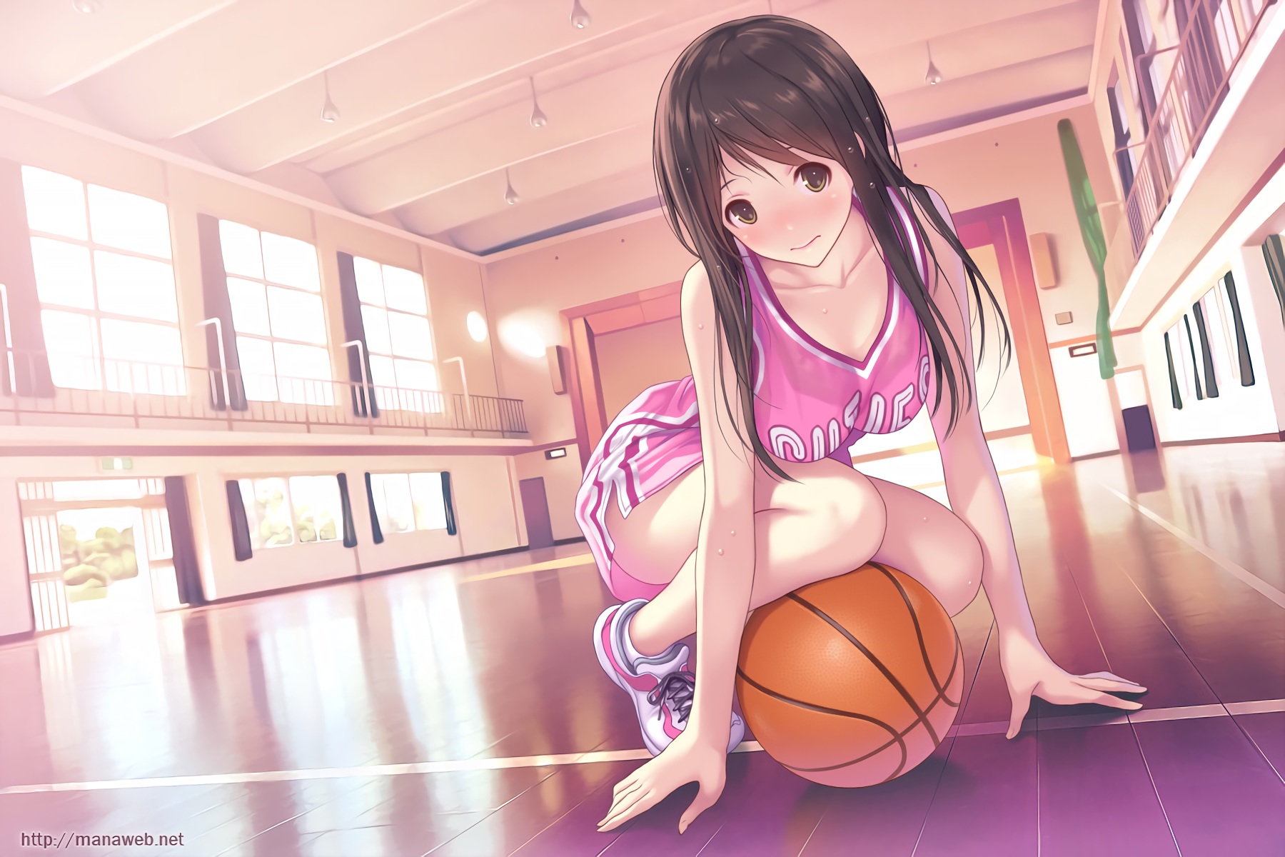 android girl, long hair, anime, ball, basketball, brown hair, sneakers, sportswear