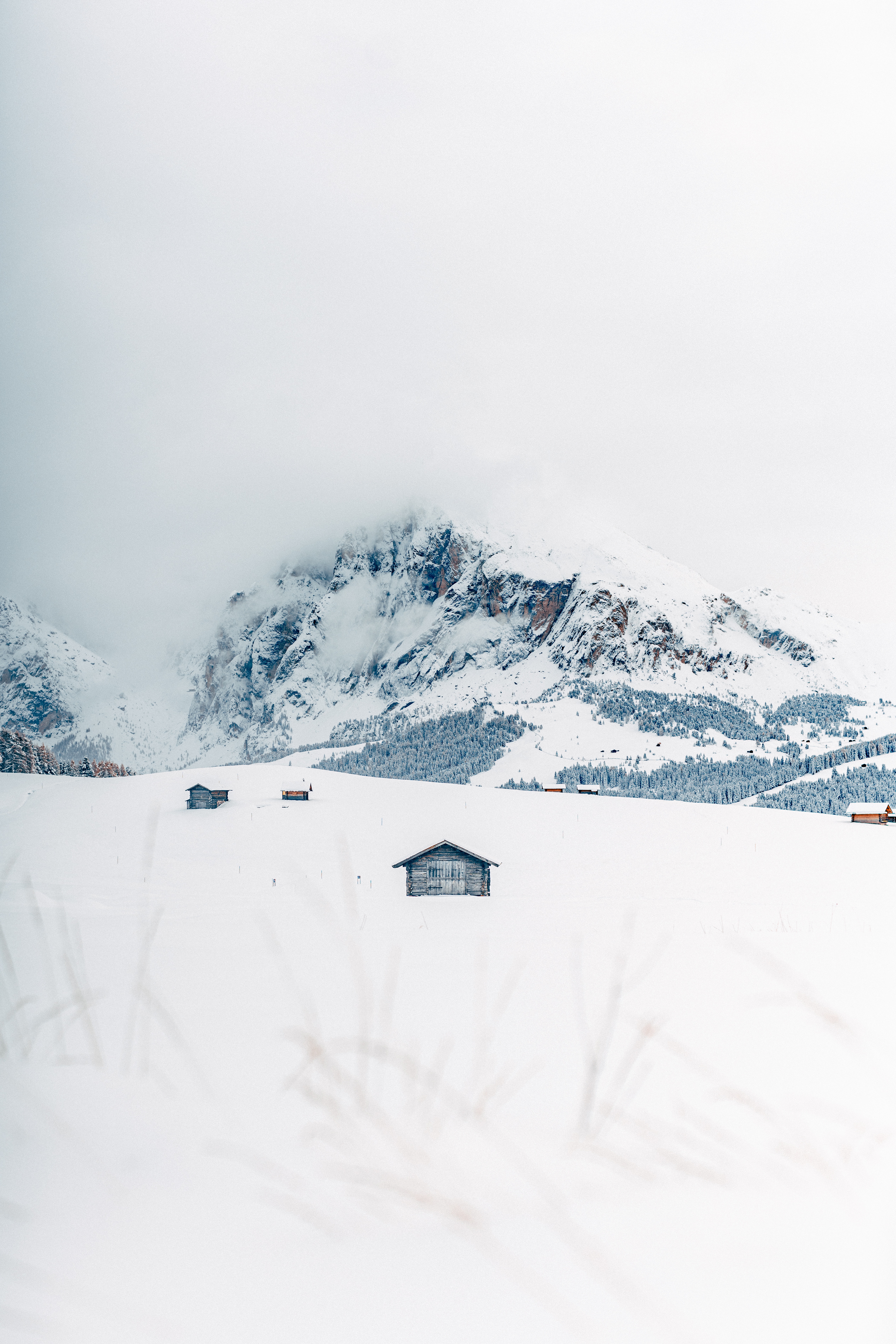 landscape, winter, nature, houses, mountains, snow, small houses Panoramic Wallpaper