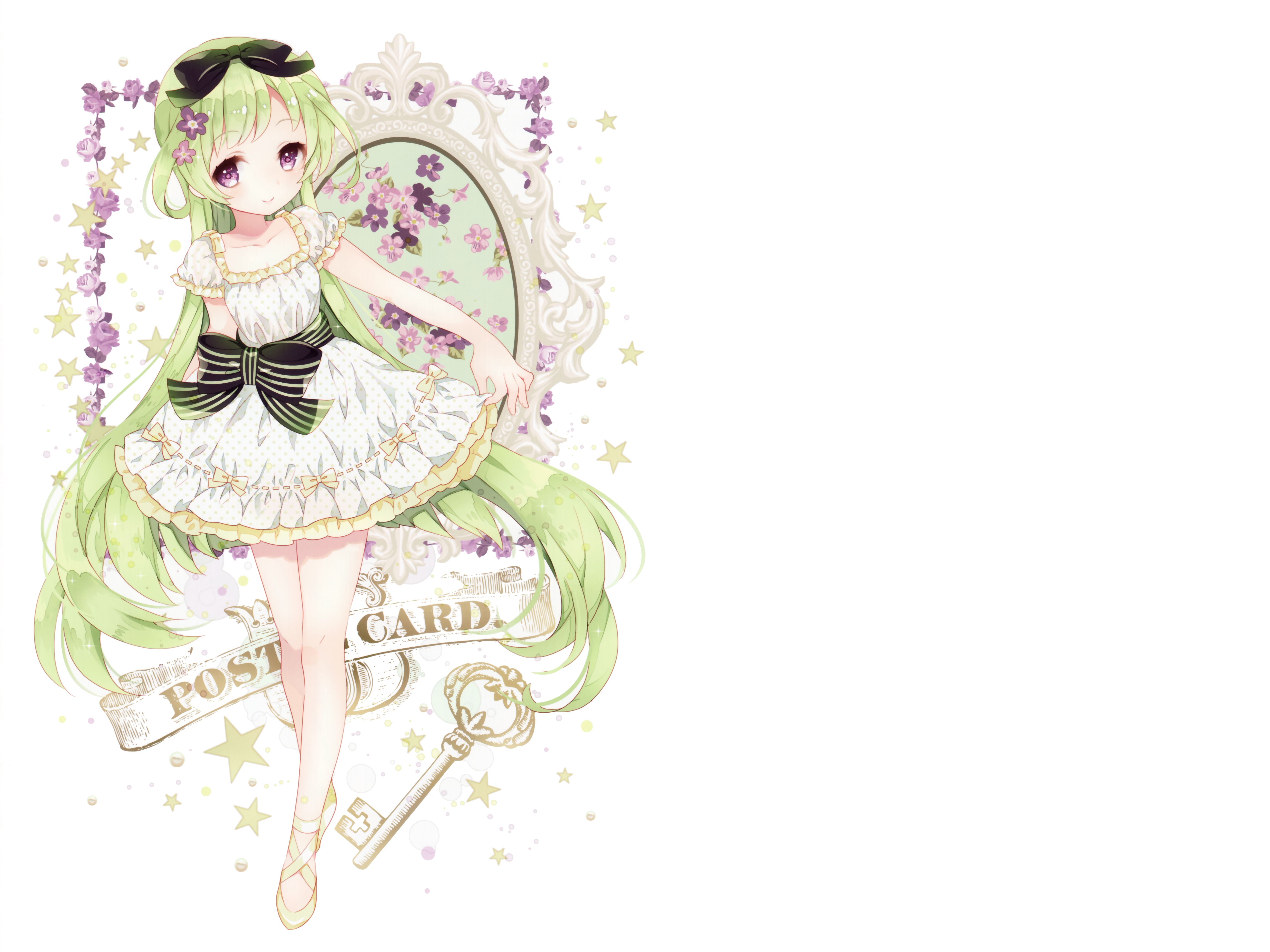 anime, original, blush, bow (clothing), flower, green hair, key, long hair, smile, stars desktop HD wallpaper