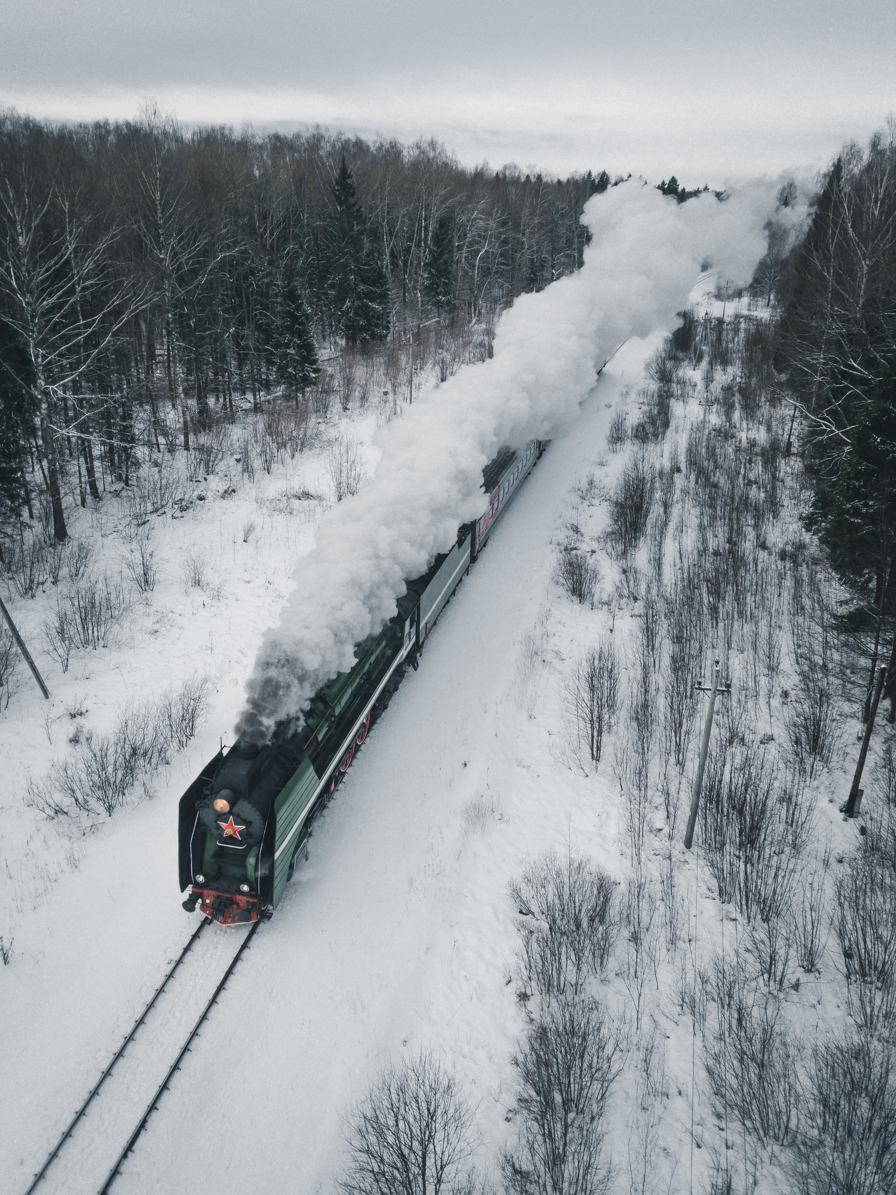 winter, smoke, miscellanea, miscellaneous, railway, train, locomotive, steam locomotive