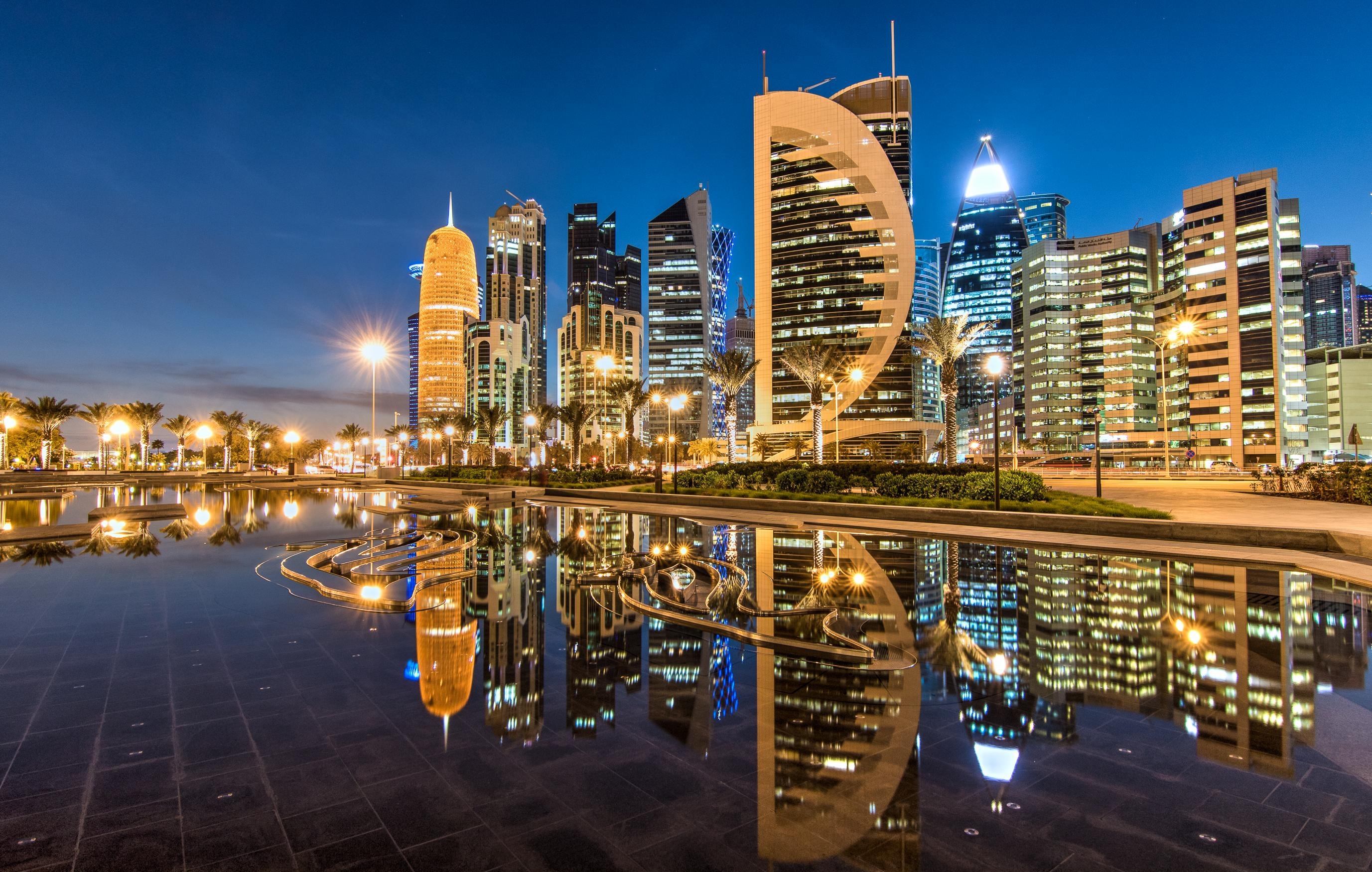 qatar, man made, doha, building, city, light, night, reflection, skyscraper, cities