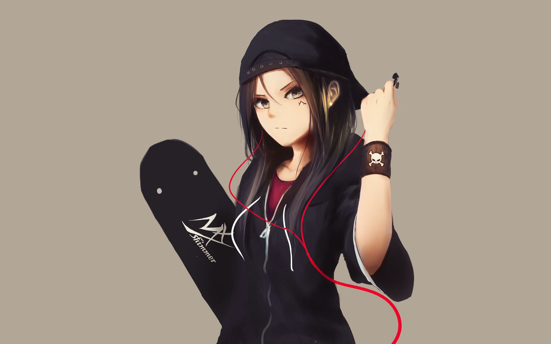 girl, anime, black hair, cap, earbuds, skateboard phone background