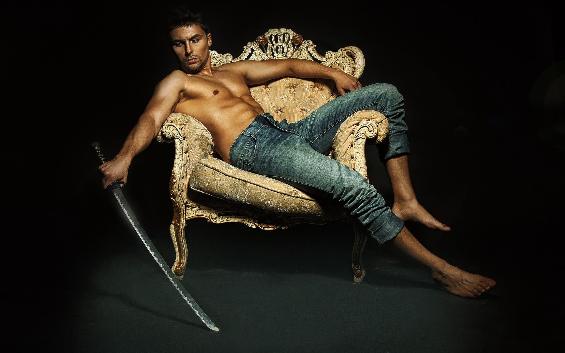 men, model, chair, feet, jeans, sword