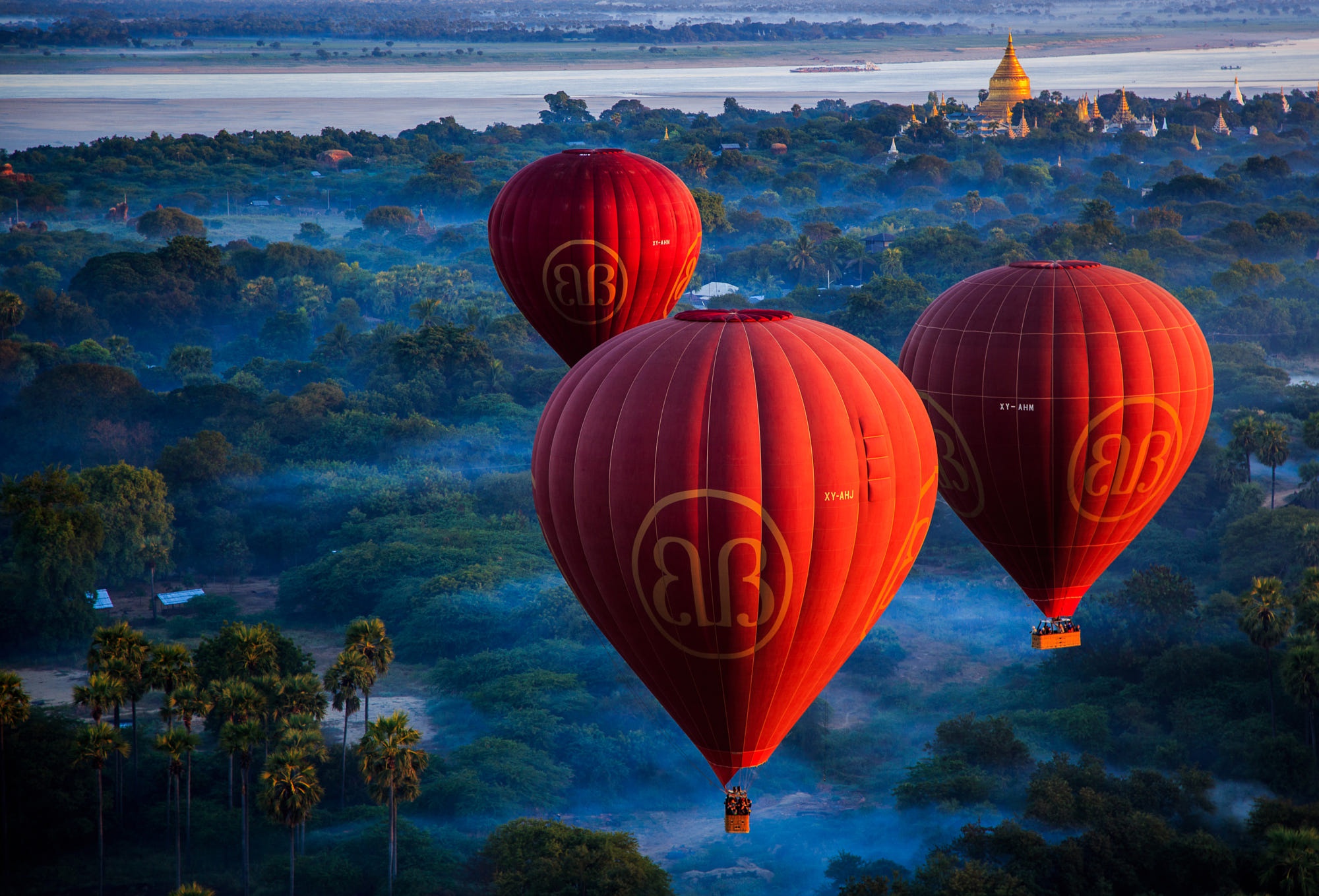 vehicles, hot air balloon, landscape, myanmar
