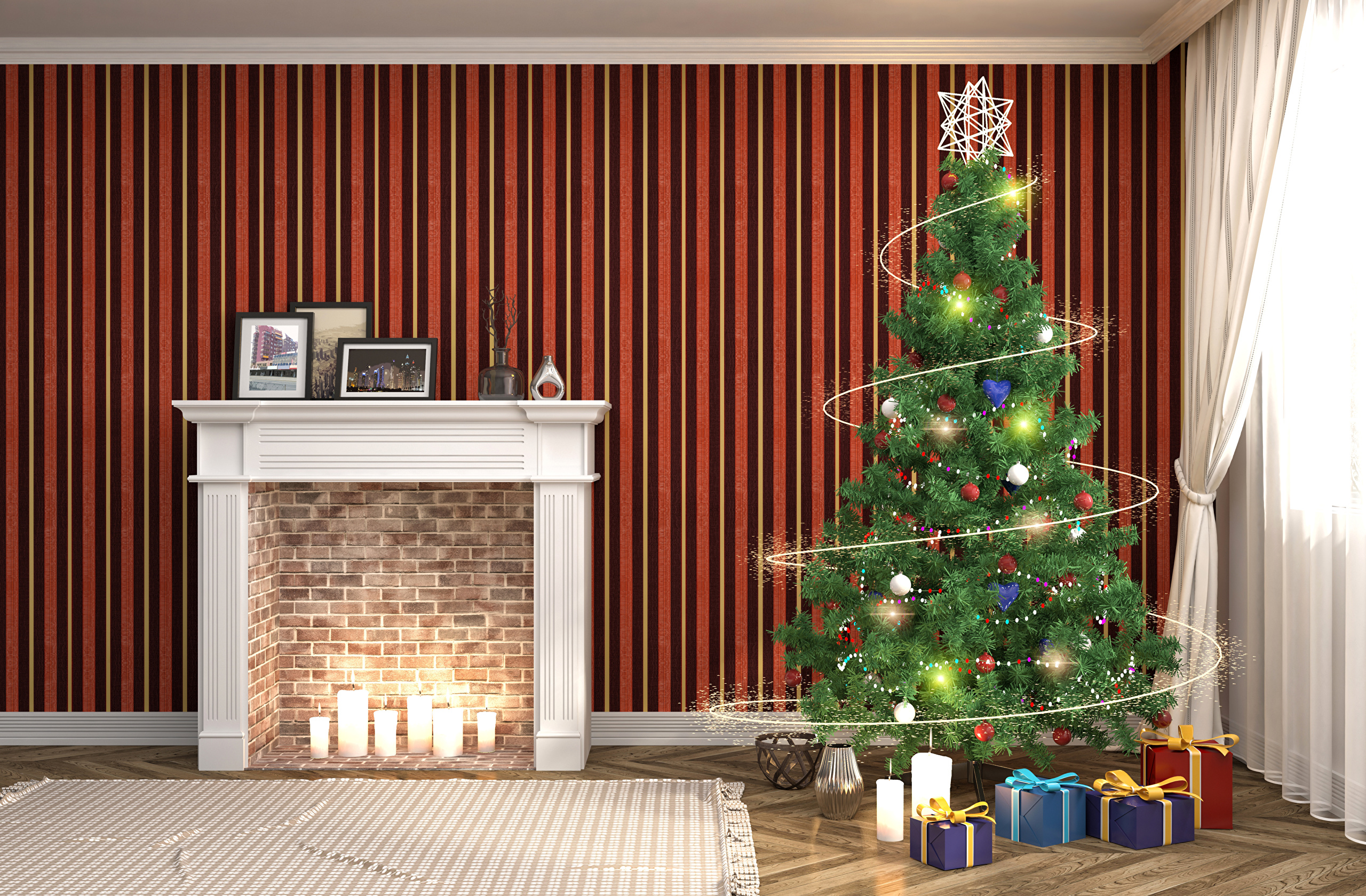 965032壁紙のダウンロードホリデー, クリスマス, 煙突, クリスマスツリー, 贈り物-スクリーンセーバーと写真を無料で