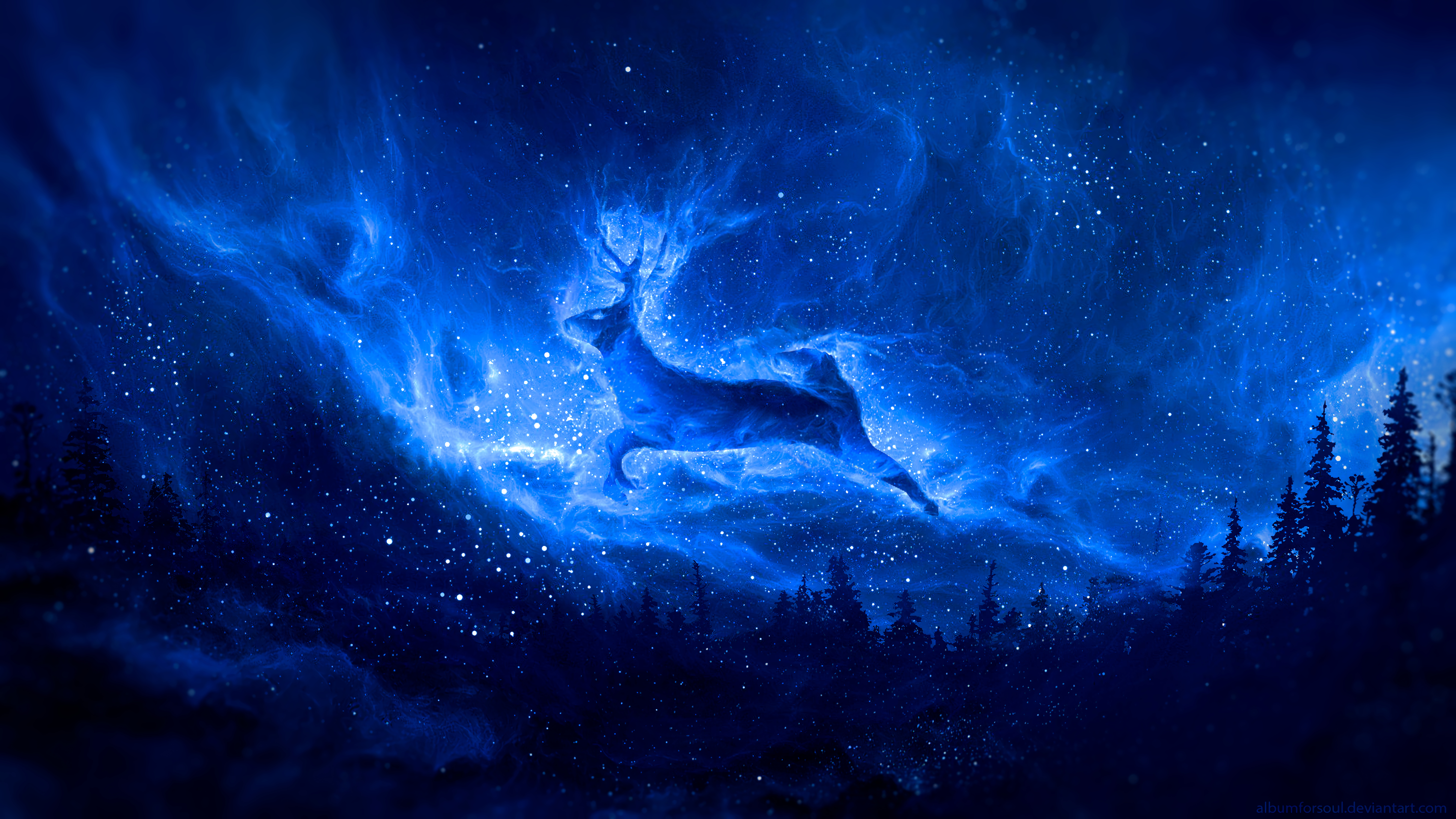 Download mobile wallpaper Deer, Starry Sky, Silhouette, Art, Fantasy for free.