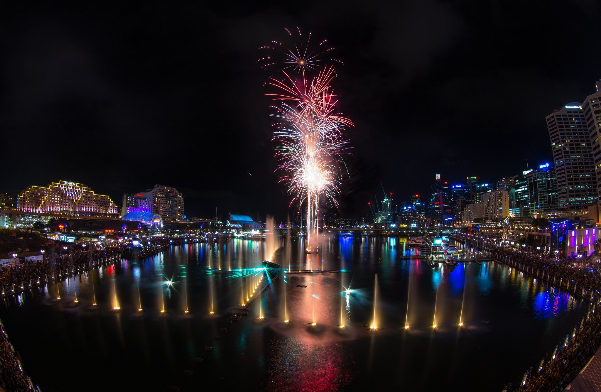 sydney, man made, australia, darling harbour, fireworks, fountain, cities 1080p
