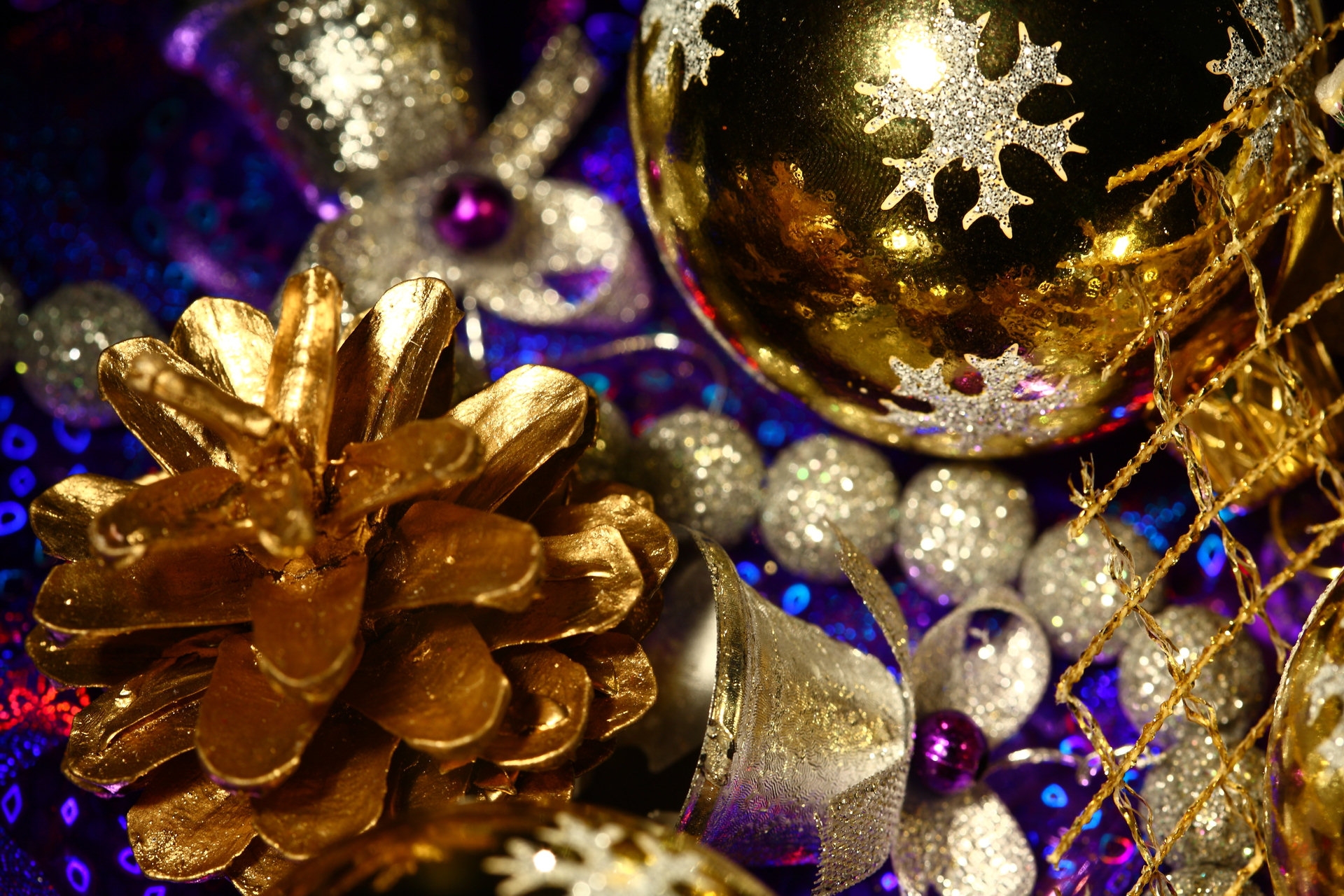 gold, holidays, new year, decorations, close up, tinsel, sequins, christmas tree toy, cone, bump download HD wallpaper