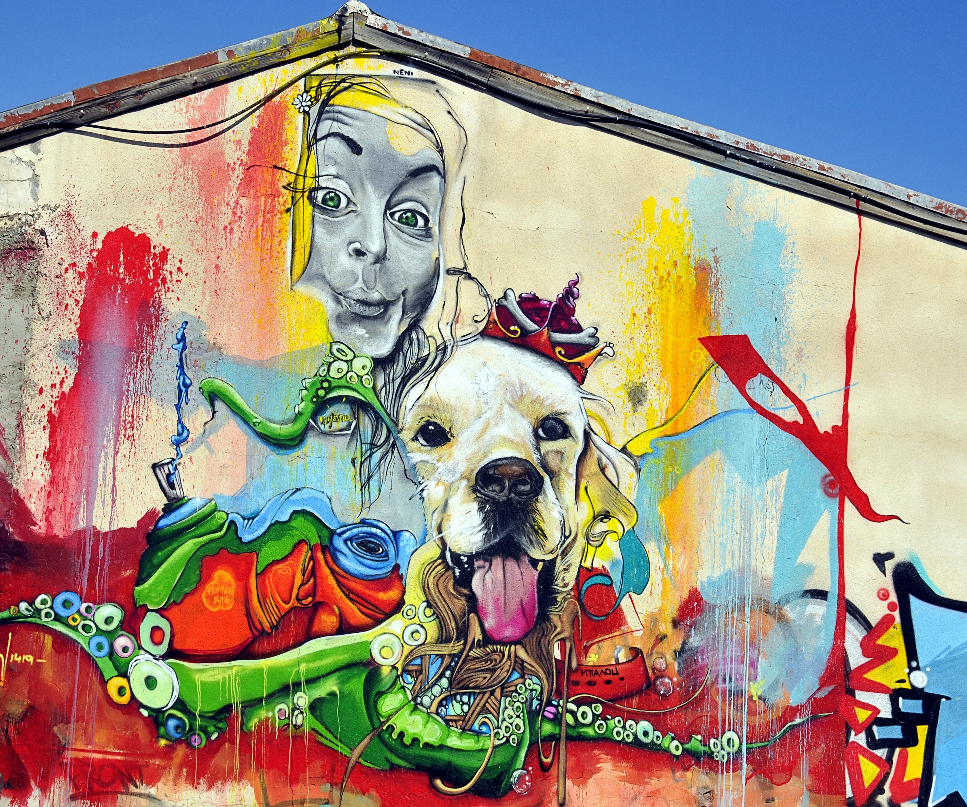 graffiti, street art, art, bright, multicolored, motley, dog, girl HD wallpaper