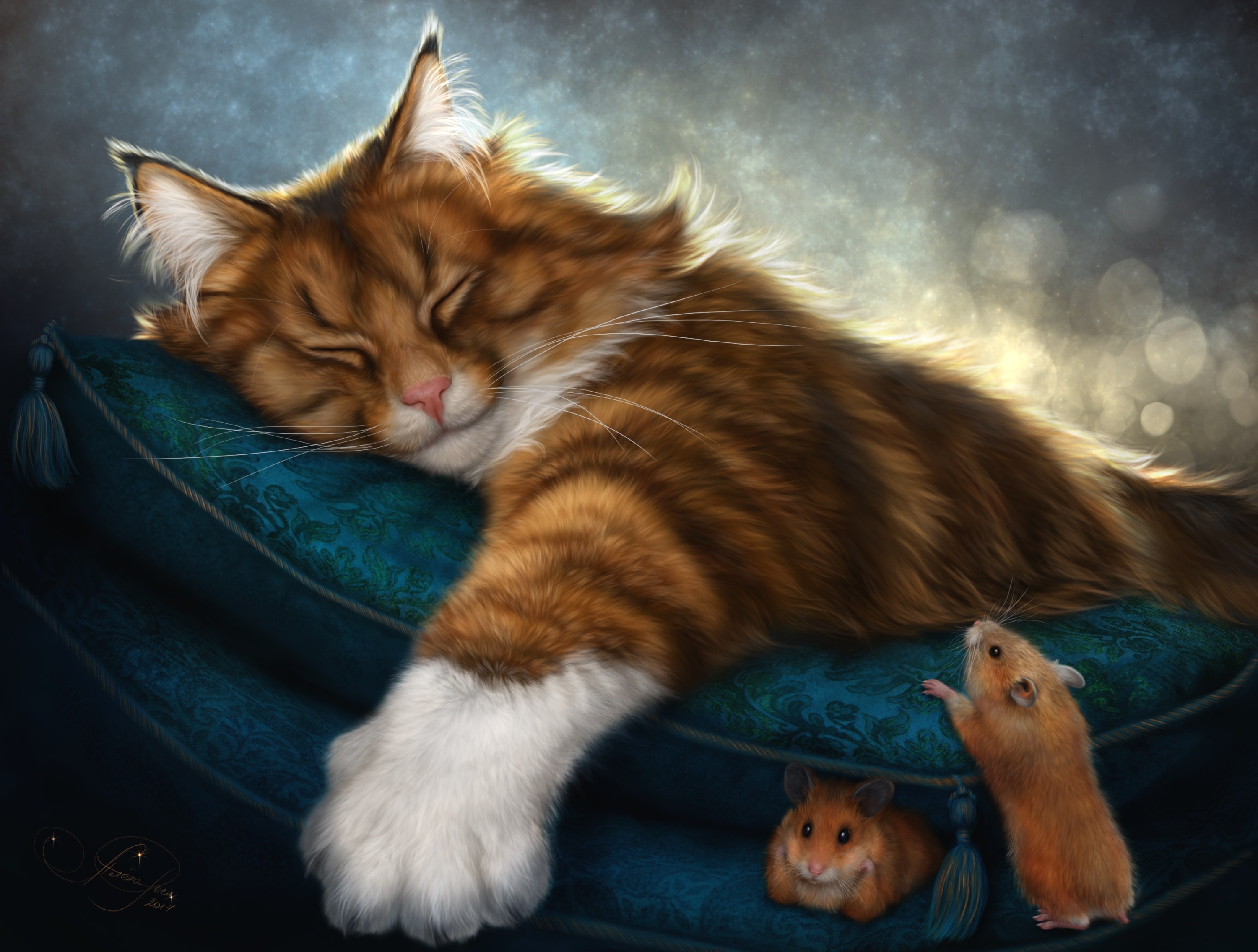 fantasy, cat, mouse, sleeping, fantasy animals Full HD