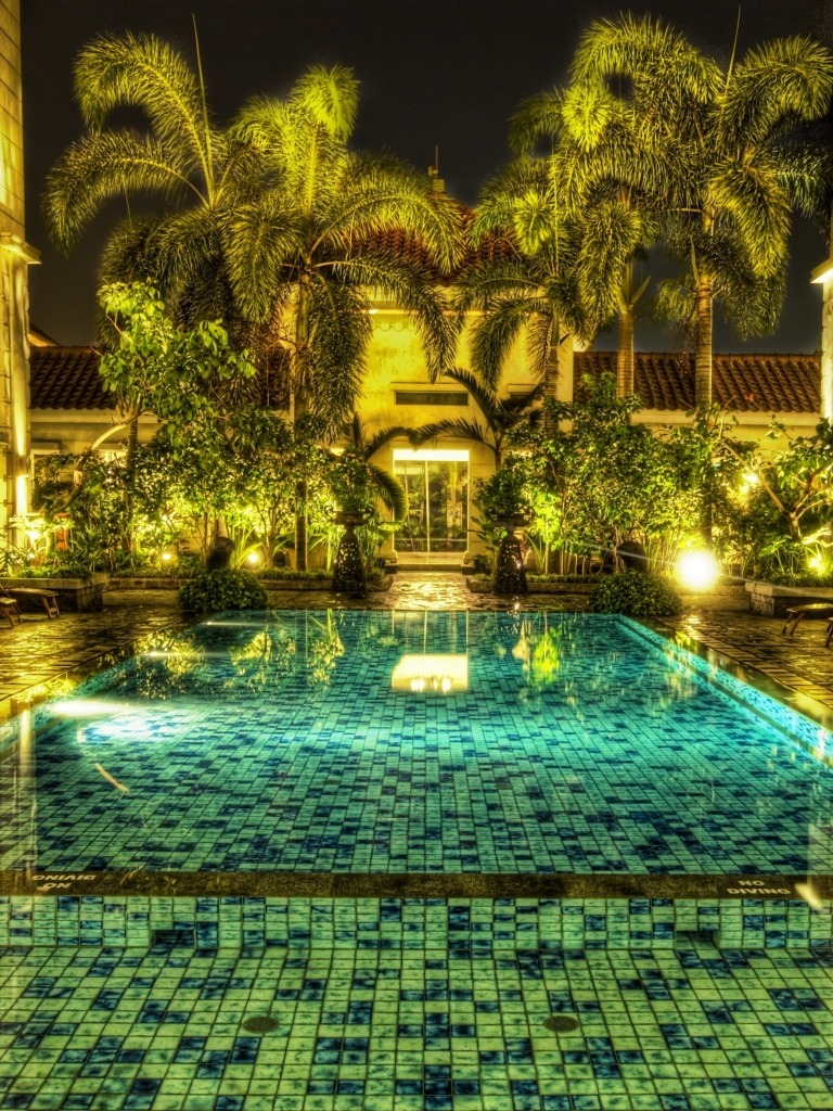 Download mobile wallpaper Hdr, Indonesia, Photography, Pool, Mosaic, Jakarta, Palm Tree for free.