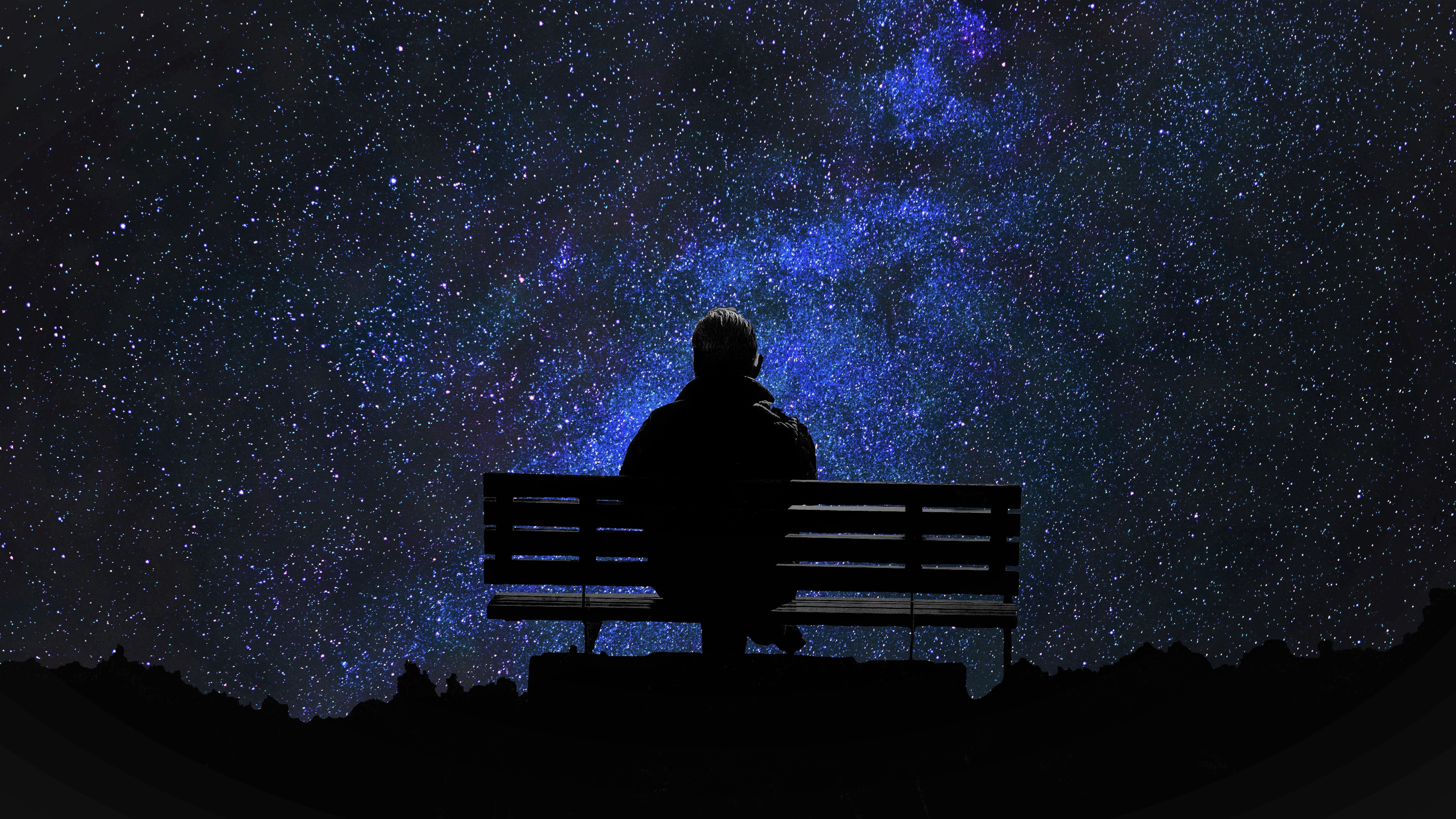 alone, men, night, bench, lonely, sky, starry sky, stars