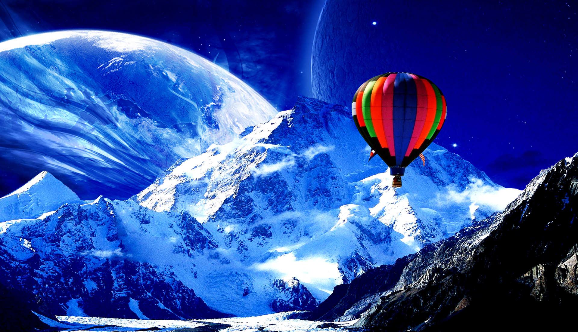 3d, photography, manipulation, balloon, cgi, hot air balloon, landscape, moon, mountain, psychedelic, scenic, snow, trippy, winter cellphone