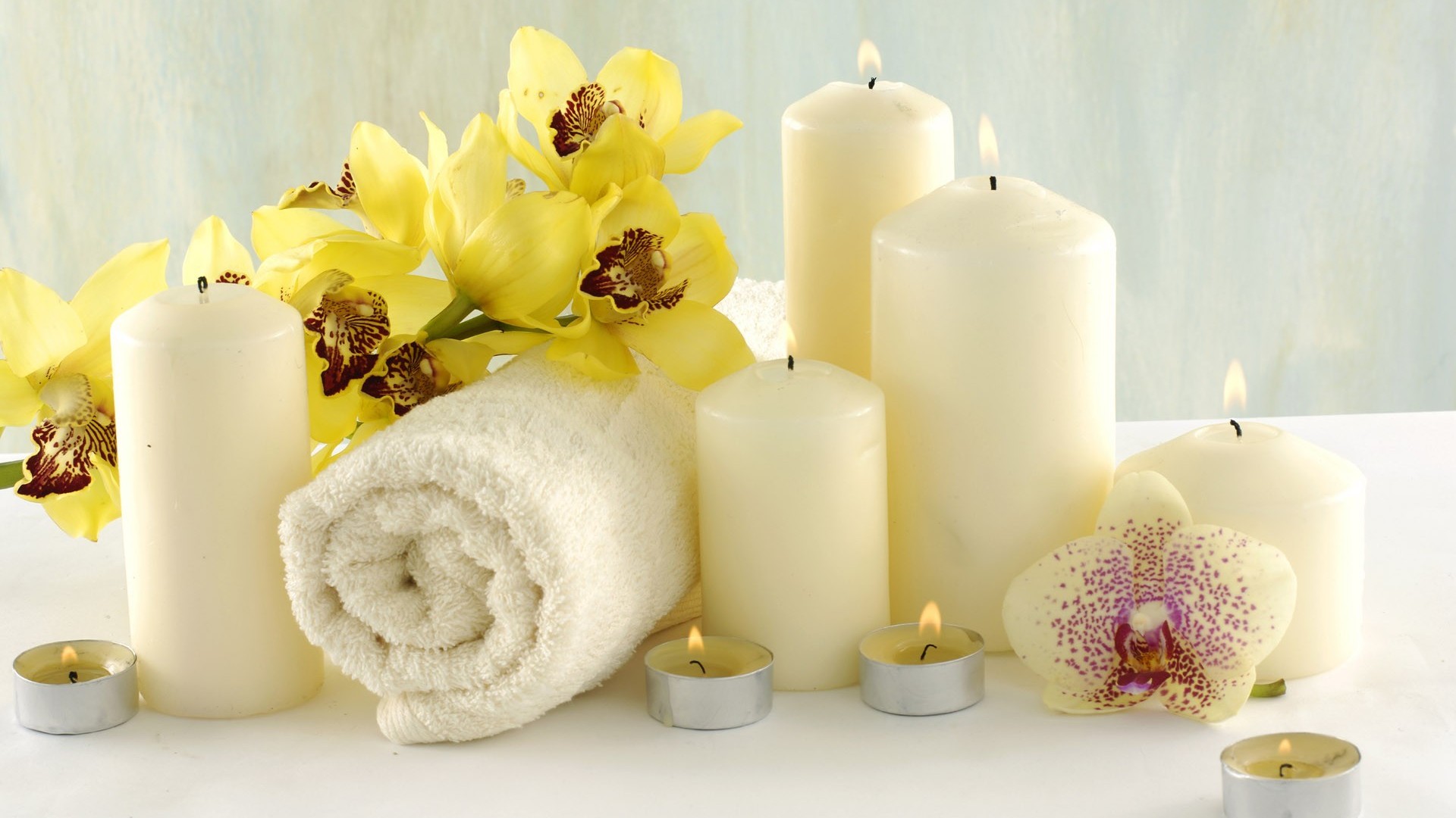 spa, orchid, man made, candle, flower, still life, towel