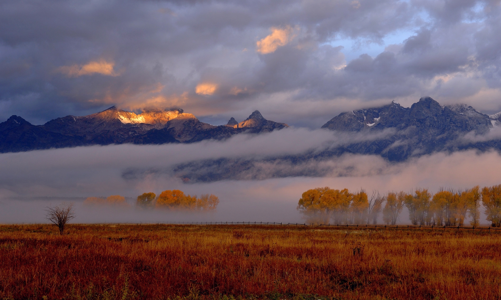autumn, nature, mountains, fog, morning, awakening