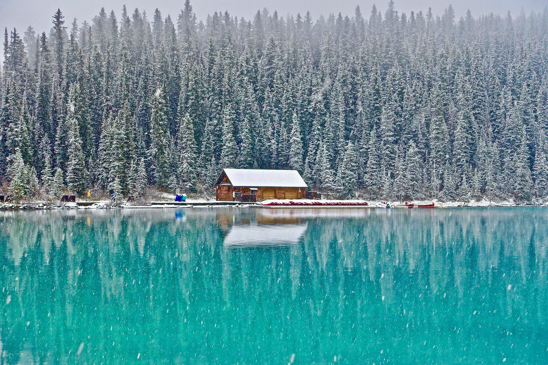 wooden, turquoise, man made, cabin, forest, lake, reflection, snow, winter