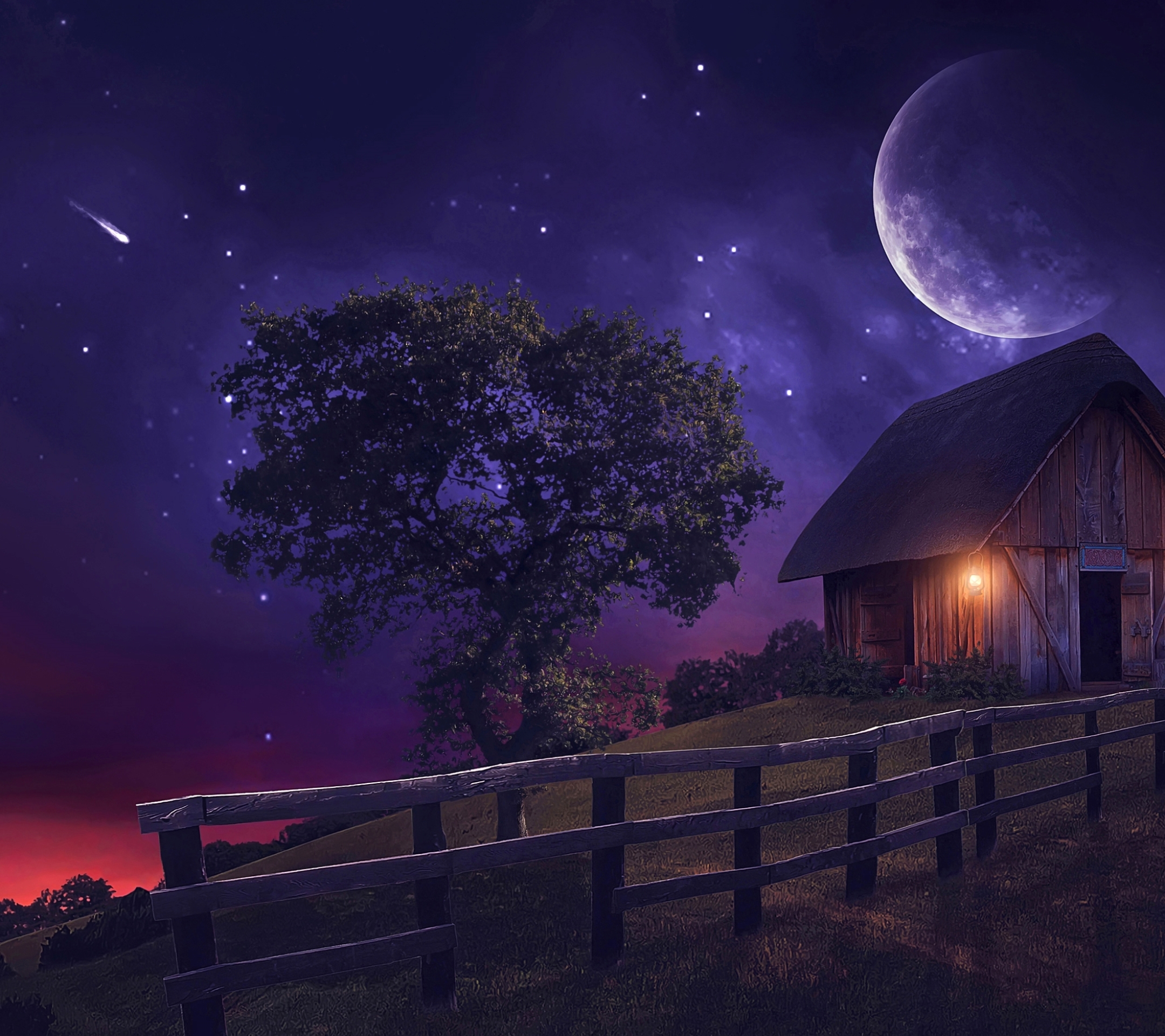 moon, artistic, fantasy, fence, tree, shed, stars
