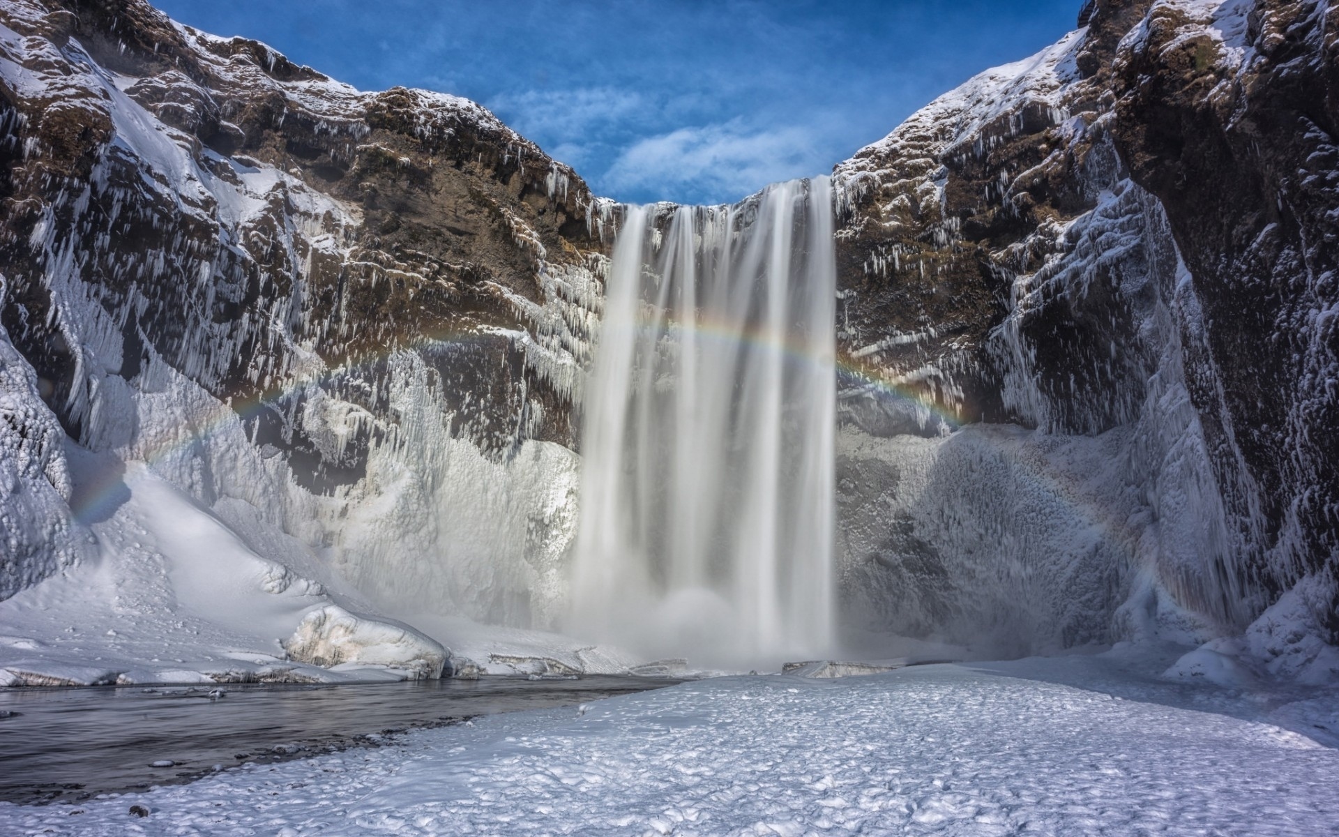 earth, winter, cold, frozen, nature, rainbow, water, waterfall