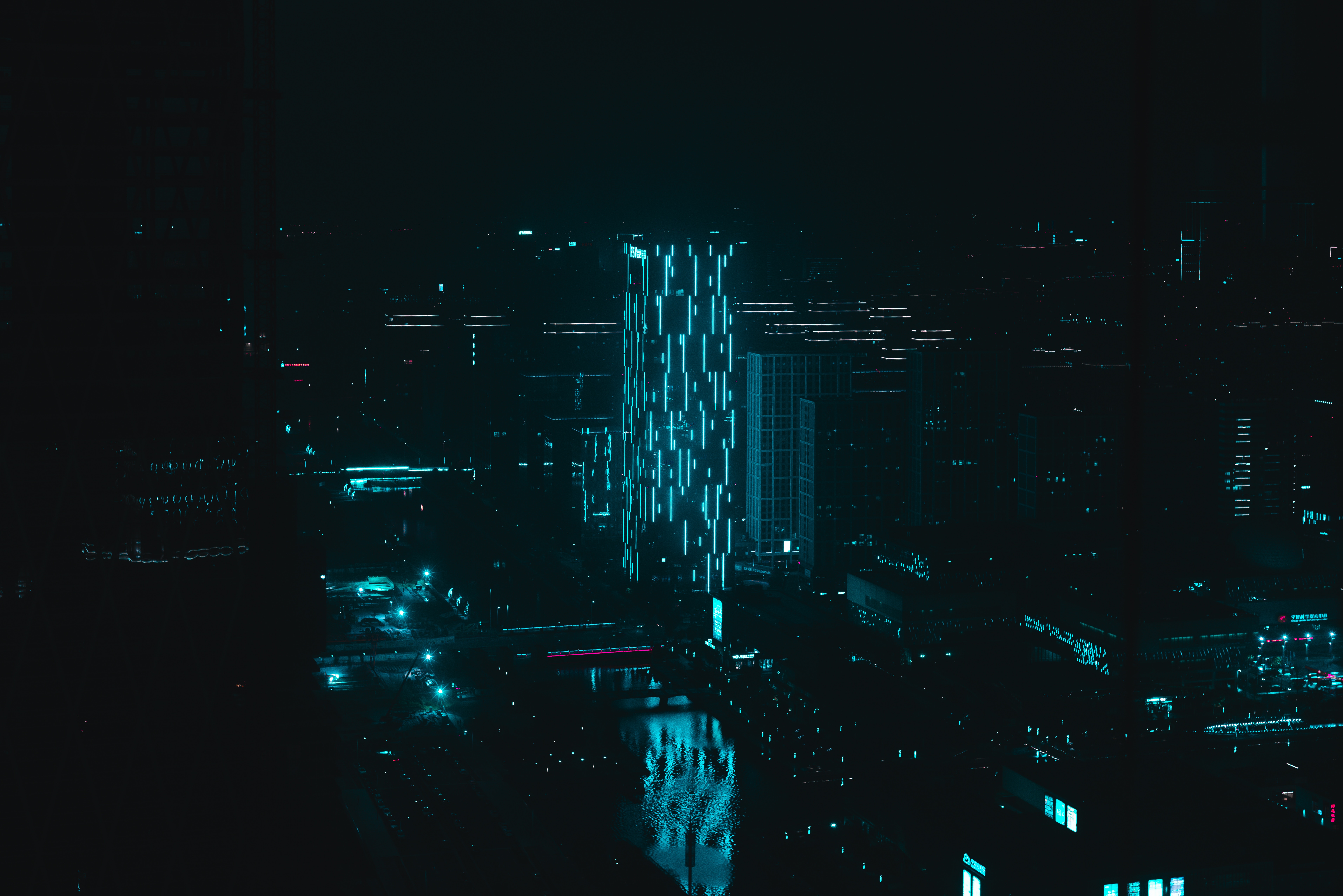 building, night city, neon, dark, blue, illumination, illuminations Full HD