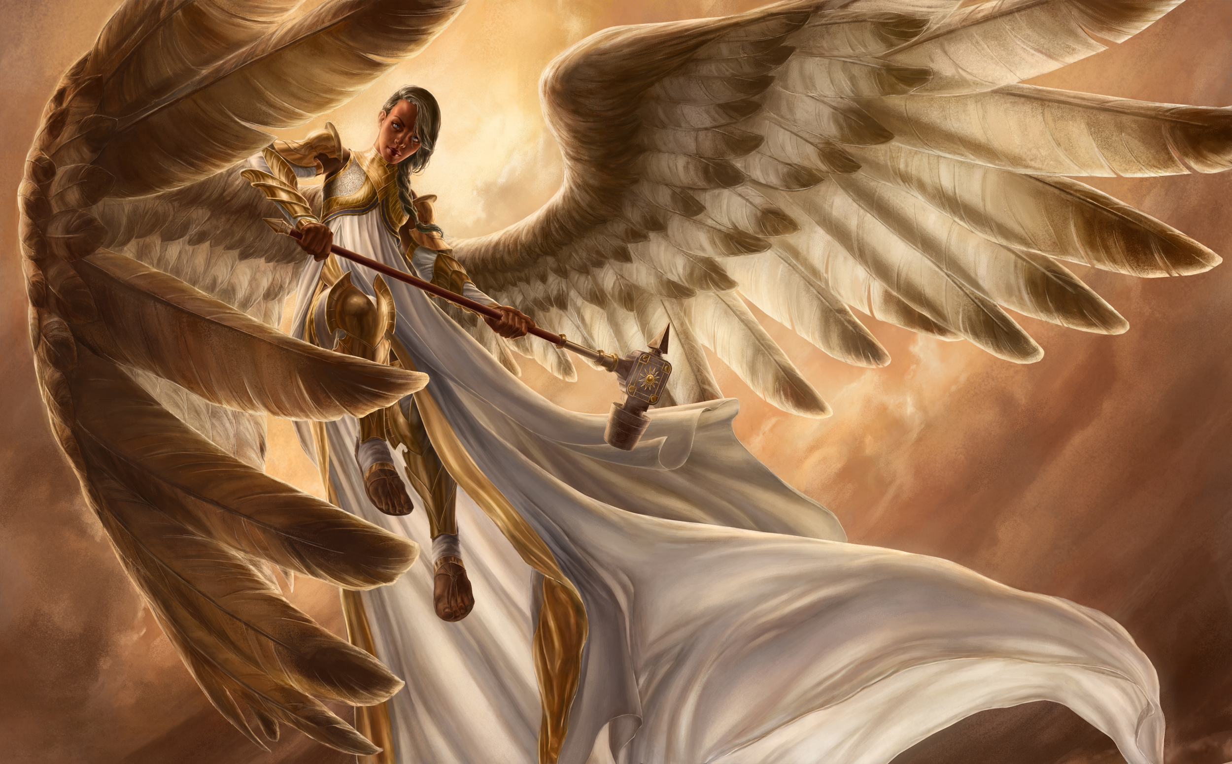 658271 скачать обои игры, фантастика, магия: сбор, ангельский воин, броня, оружие, крылья - заставки и картинки бесплатно