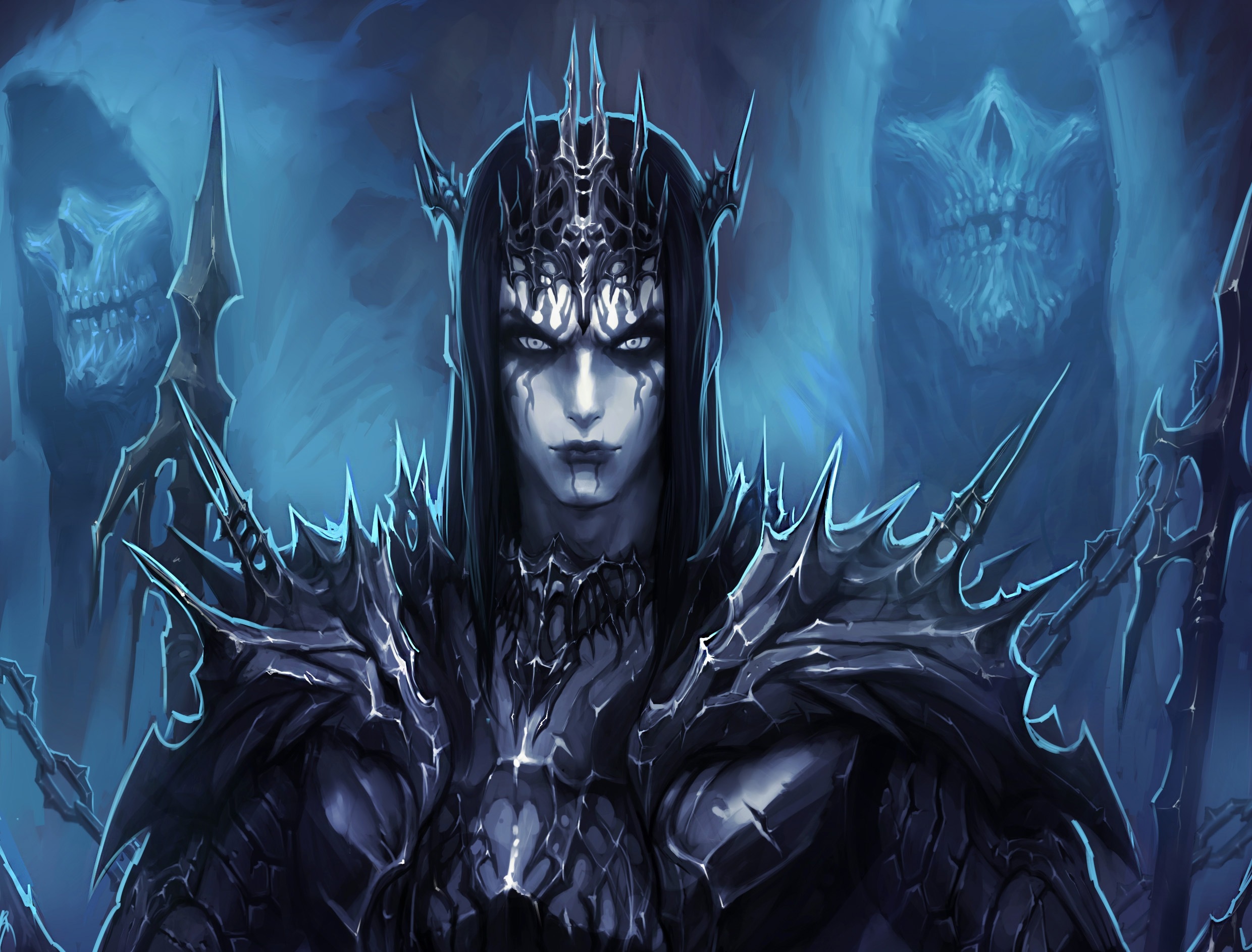 demon, fantasy, armor, blue, dark, evil, skull, spikes