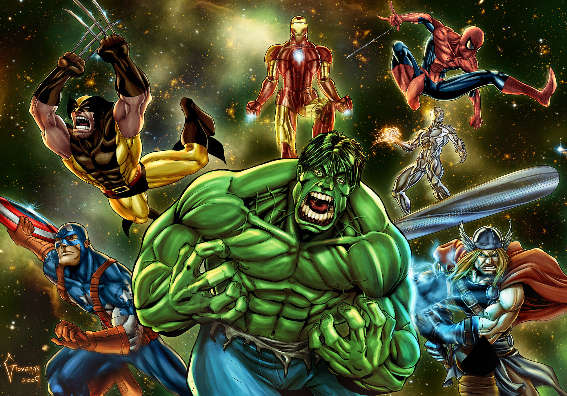 Free download wallpaper Spider Man, Hulk, Iron Man, Captain America, Avengers, Wolverine, Comics, Silver Surfer, Thor, The Avengers on your PC desktop