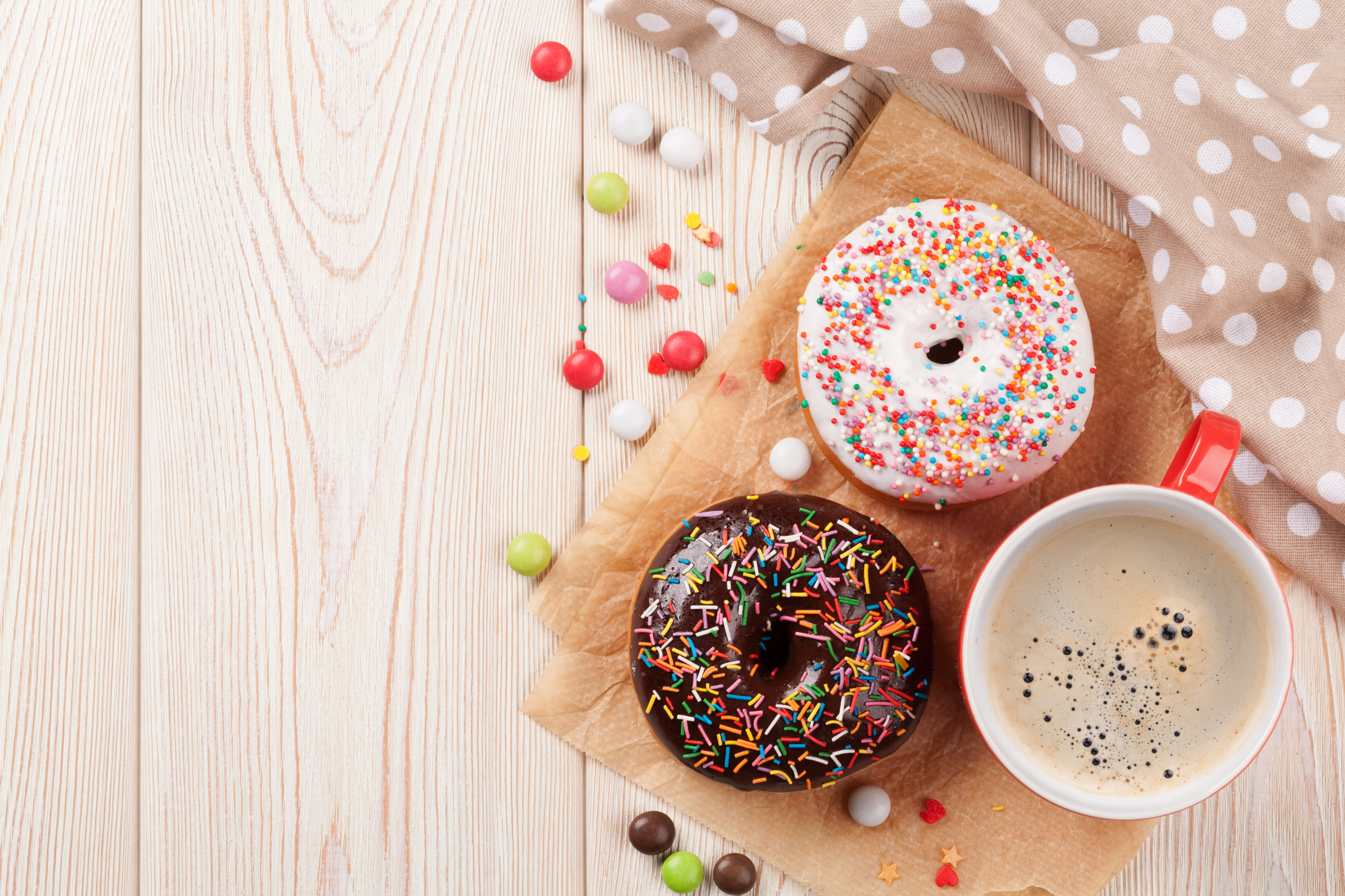 Free download wallpaper Food, Coffee, Still Life, Colors, Sweets, Doughnut, Candy on your PC desktop