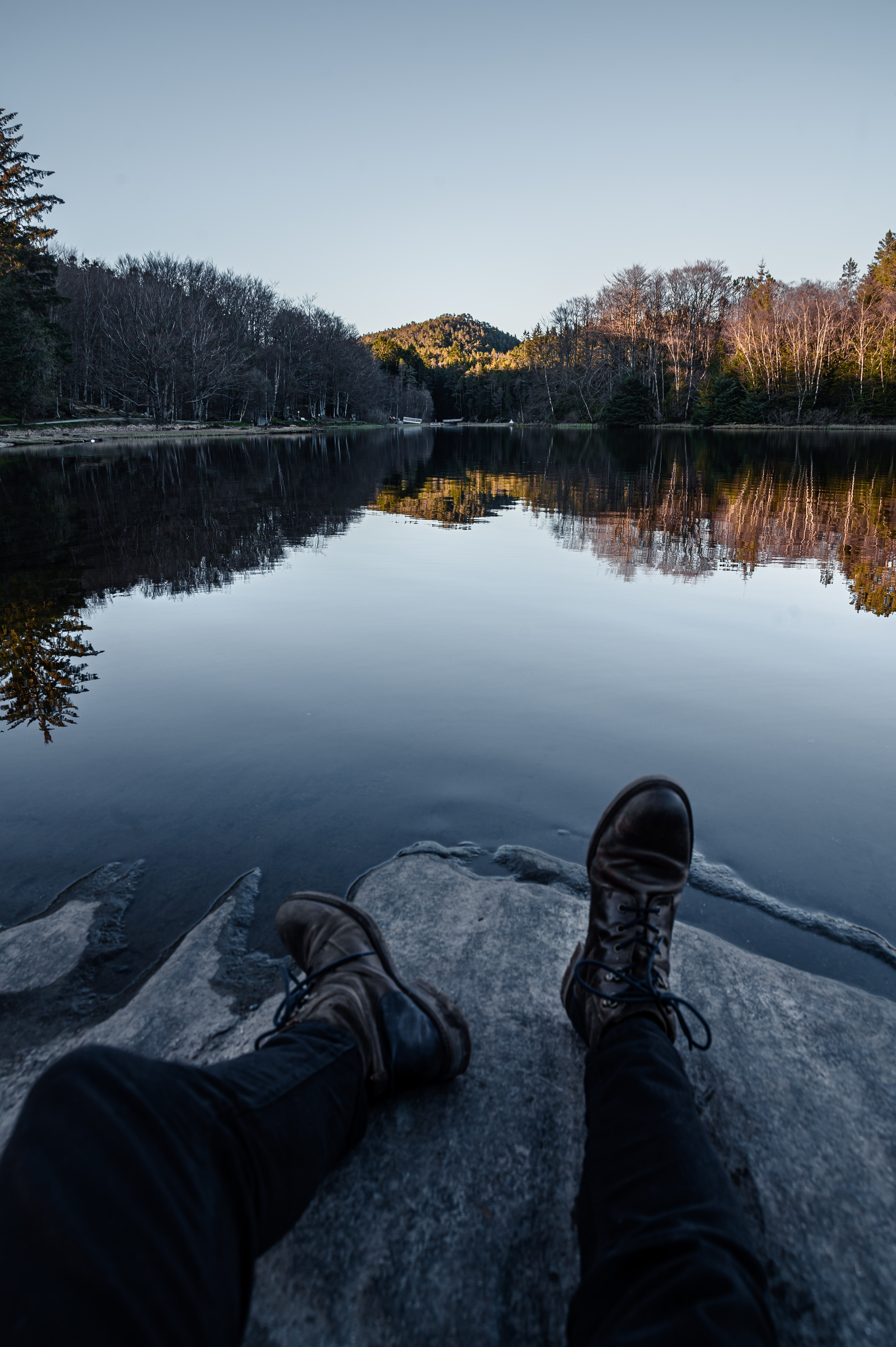 Download mobile wallpaper Reflection, Boots, Miscellaneous, Lake, Miscellanea, Legs, Shoes for free.
