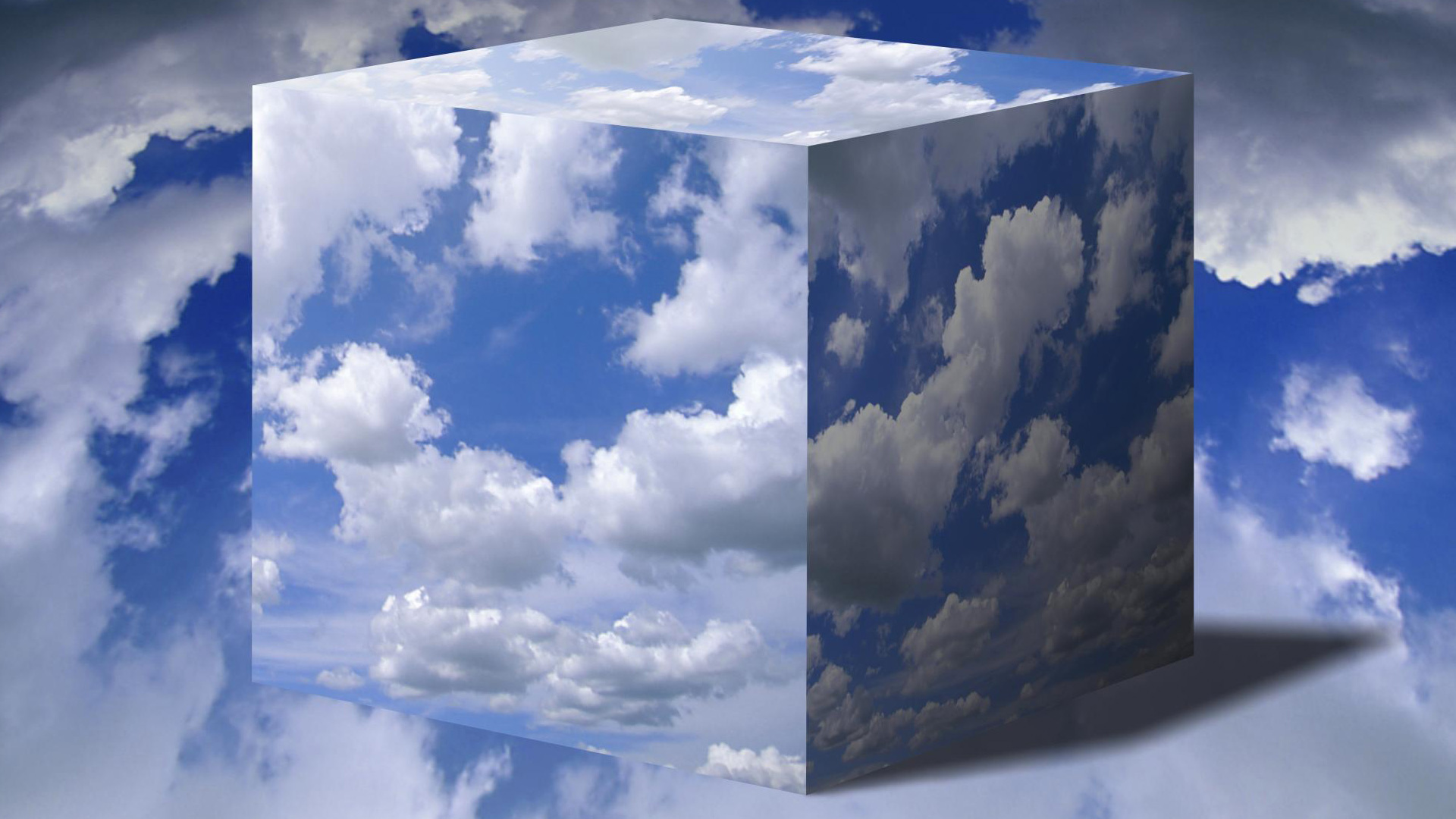 abstract, cube, blue, box, cloud, sky