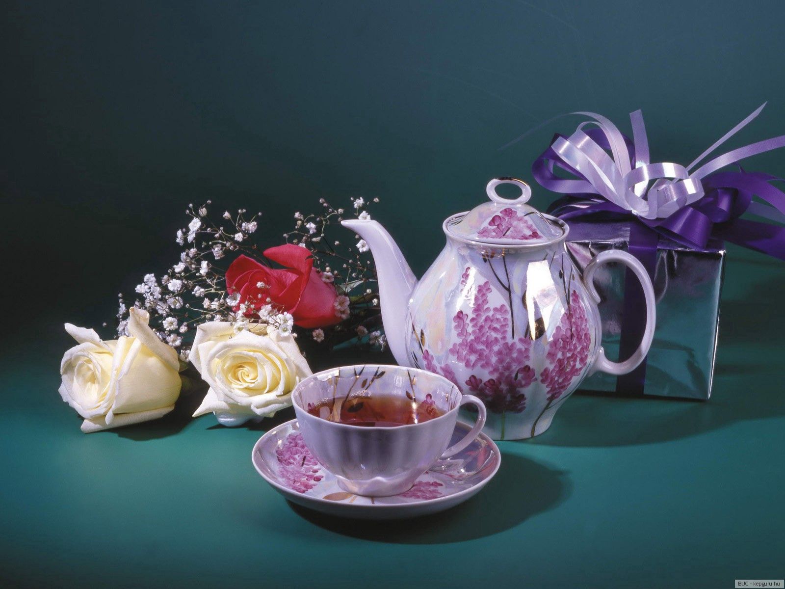 roses, food, cup, present, gift, tea, teapot, kettle 8K