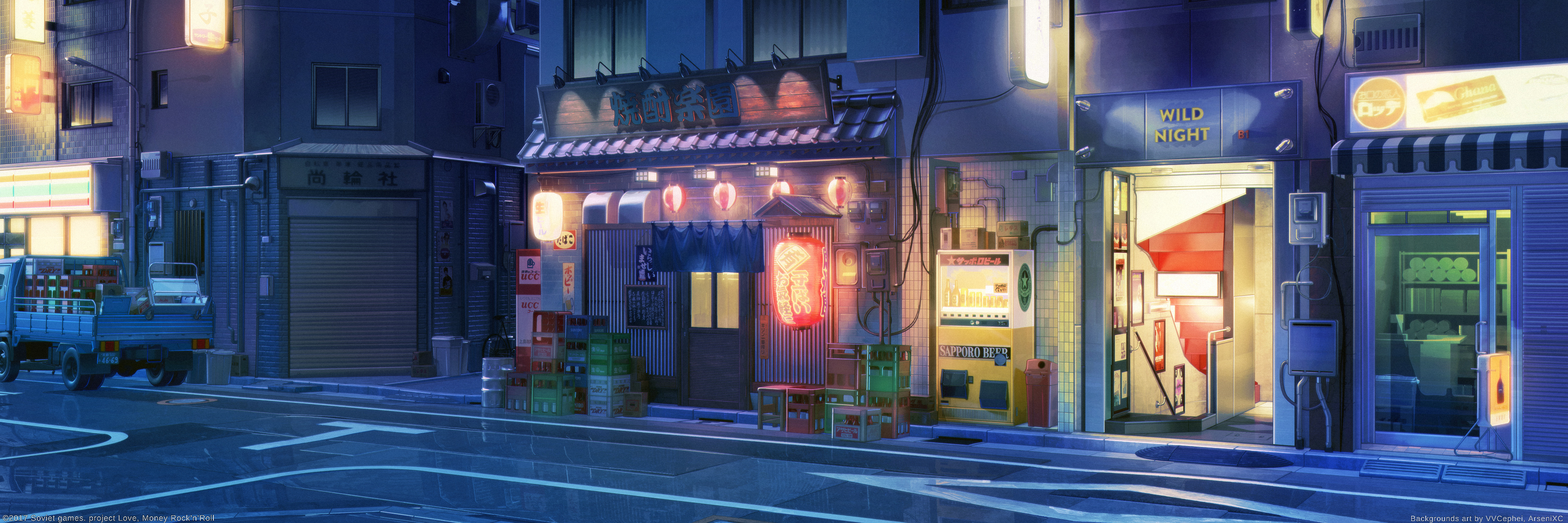 street, anime, shop, lantern, light, night, store
