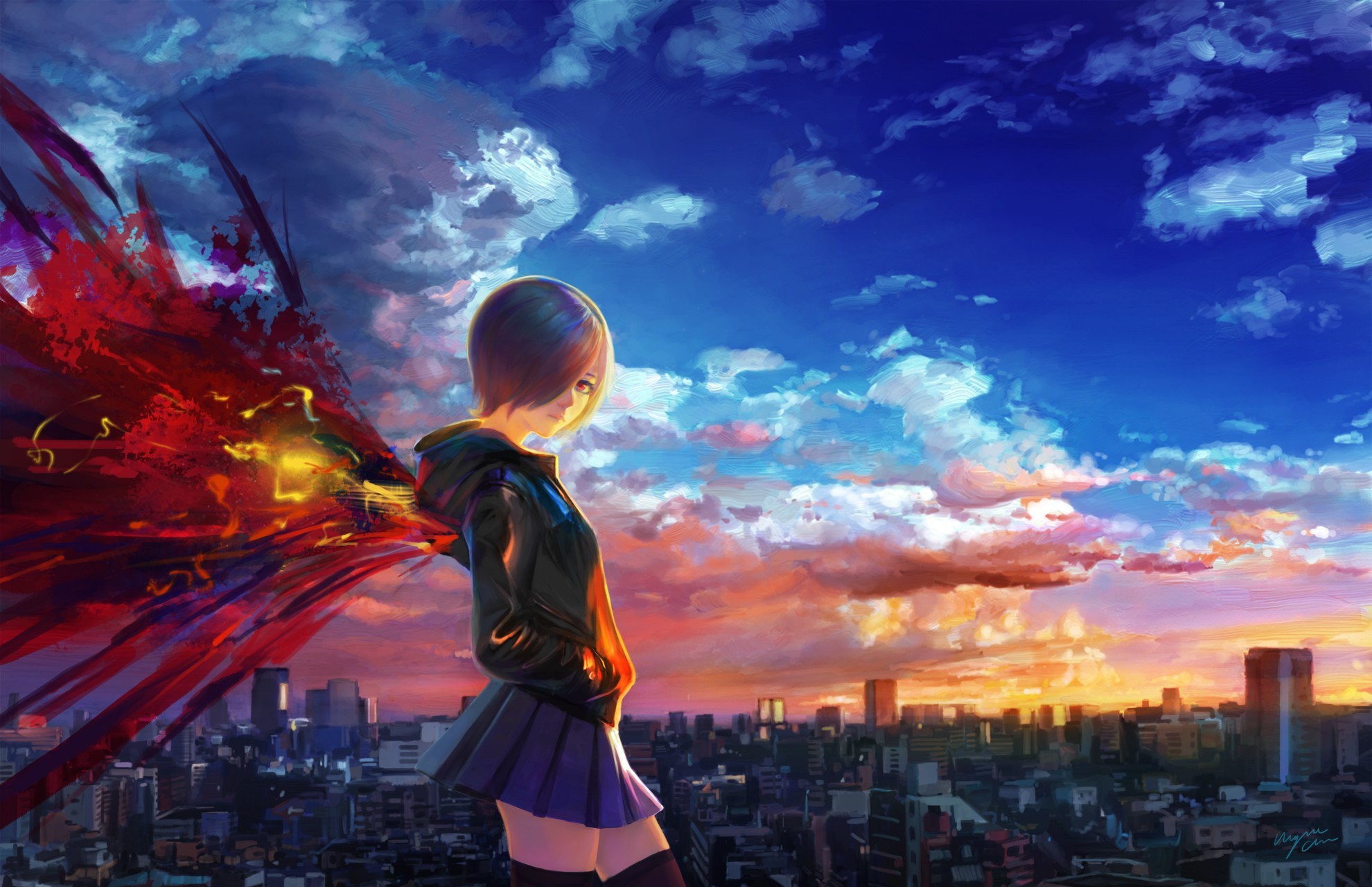 sunset, anime, short hair, red eyes, skirt, tokyo ghoul, city, sky, purple hair, cloud, hoodie, kagune (tokyo ghoul), touka kirishima High Definition image