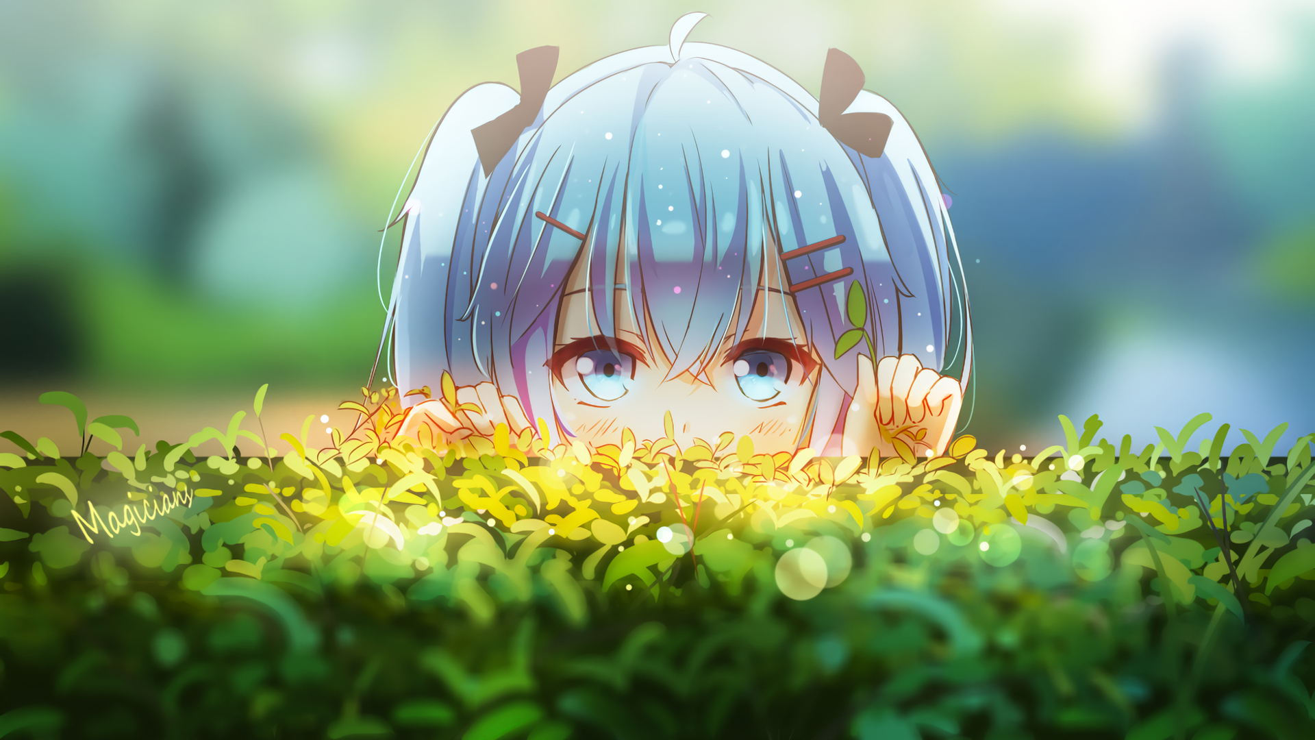 anime, hatsune miku, blue eyes, blue hair, vocaloid, head, hedge, hiding