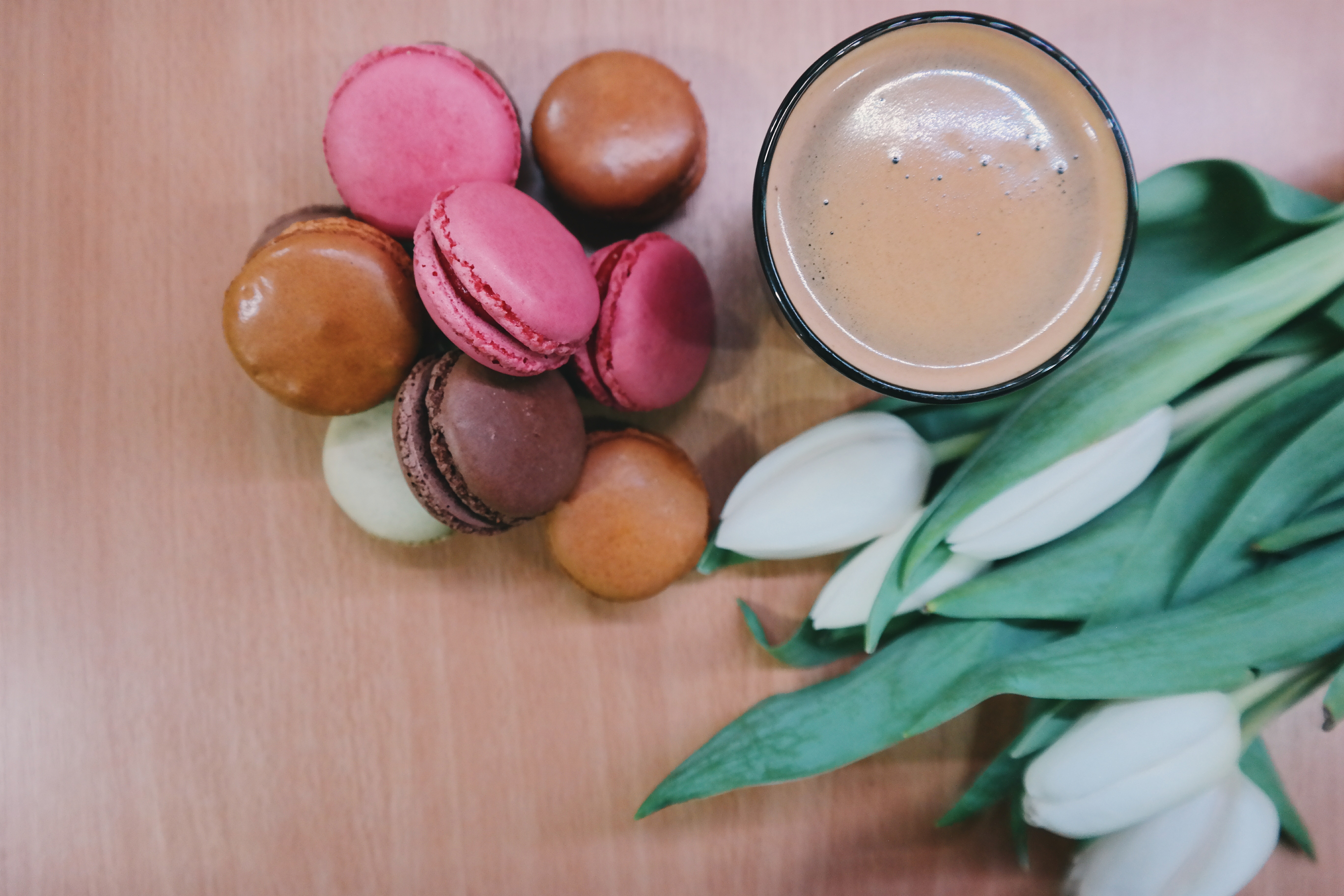 Download mobile wallpaper Macaron, Food, Cookies, Tulips, Coffee for free.