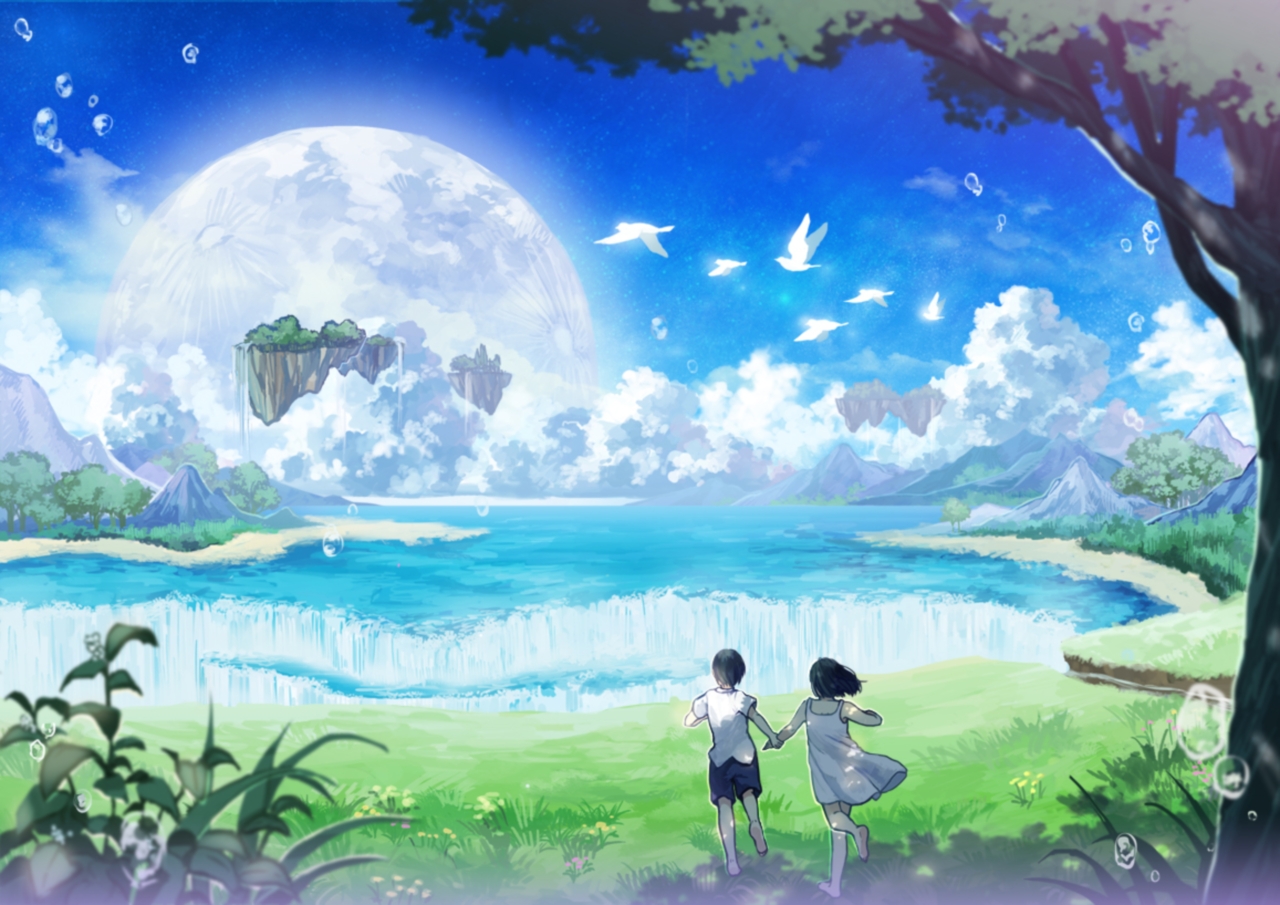dead-seal56: style anime , relax anime , boy in white shirt anime , bycicle  anime , field anime , windmill anime , no cloud