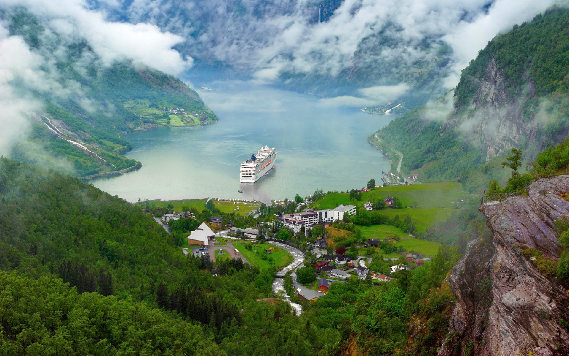 village, fog, vehicles, cruise ship, fjord, forest, house, landscape, mountain, norway, ship, tree, cruise ships