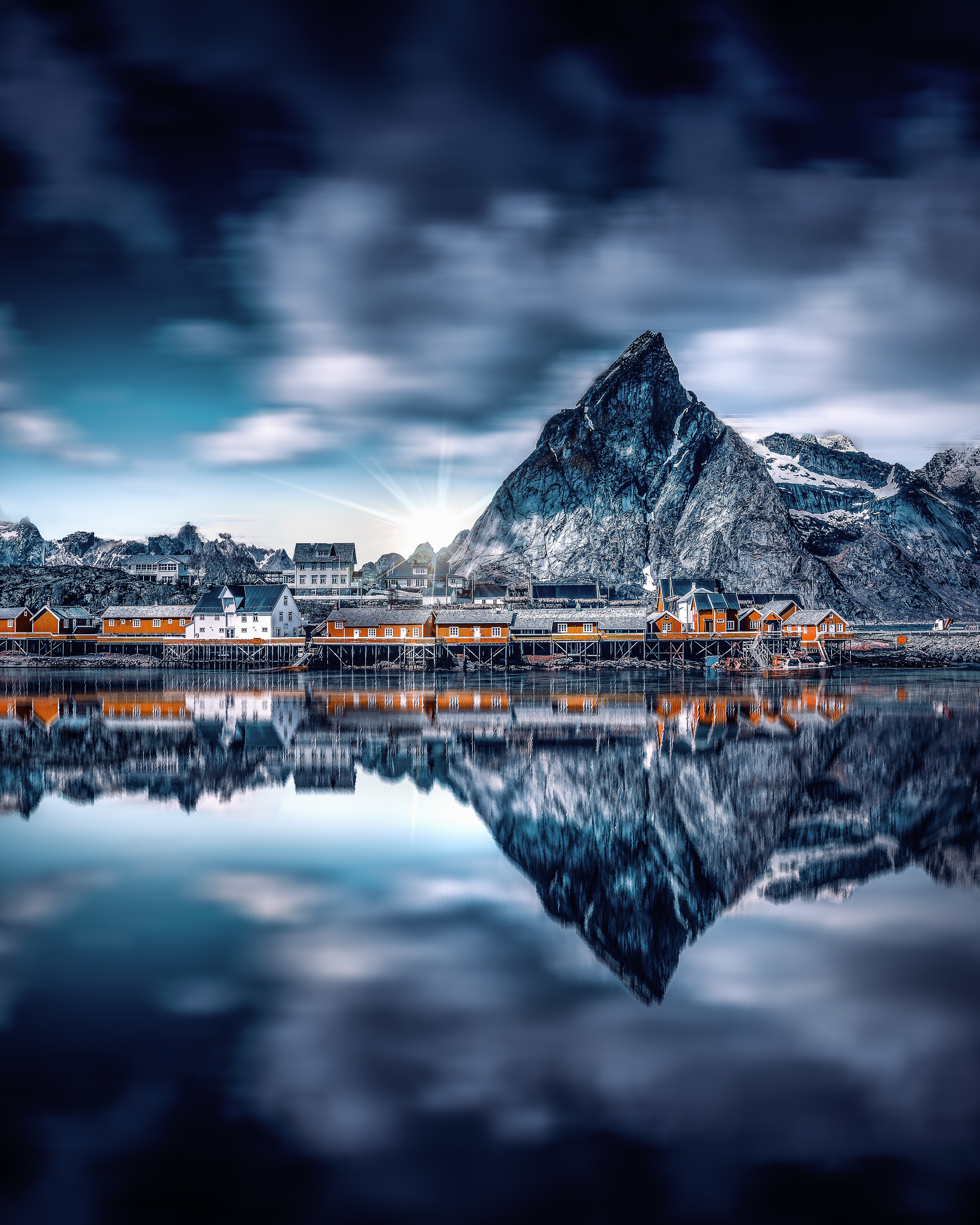 reflection, nature, mountains, lake, buildings wallpapers for tablet