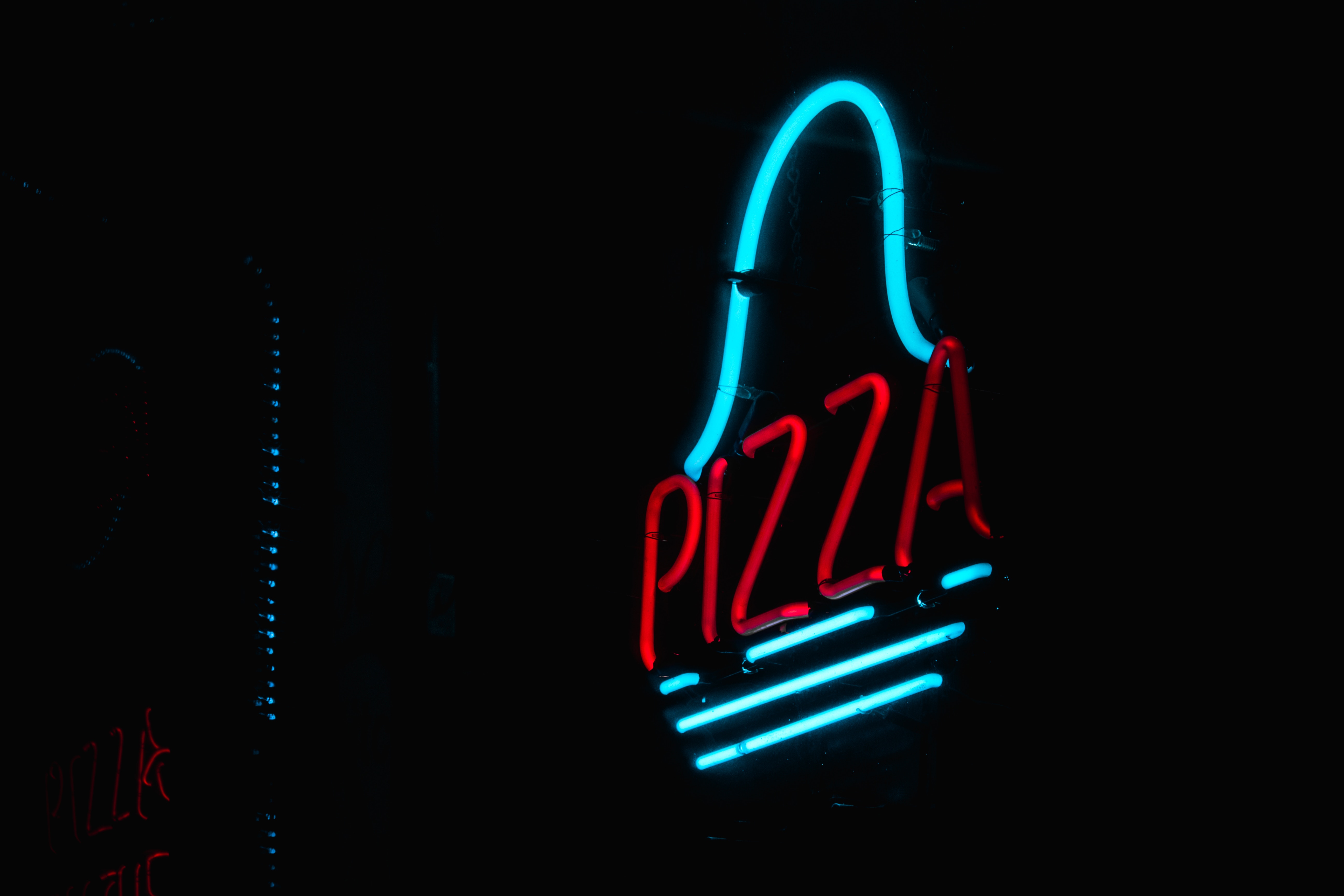 pizza, words, dark, neon, glow, sign, signboard Phone Background