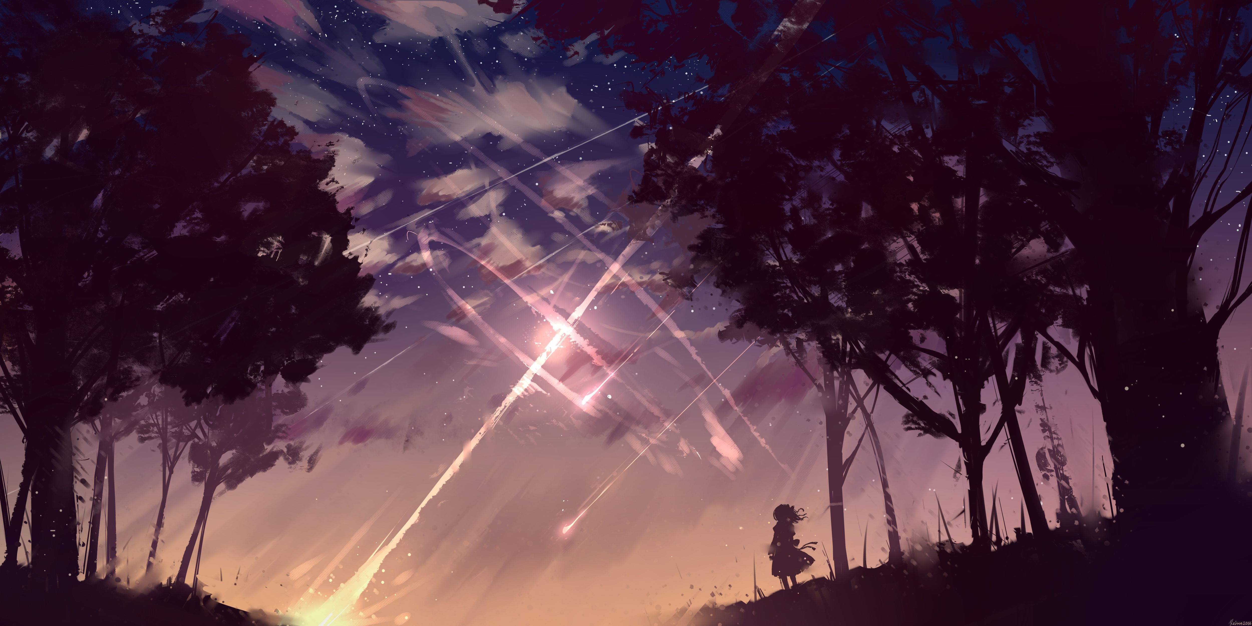 anime, original, meteor, shooting star, sunset lock screen backgrounds