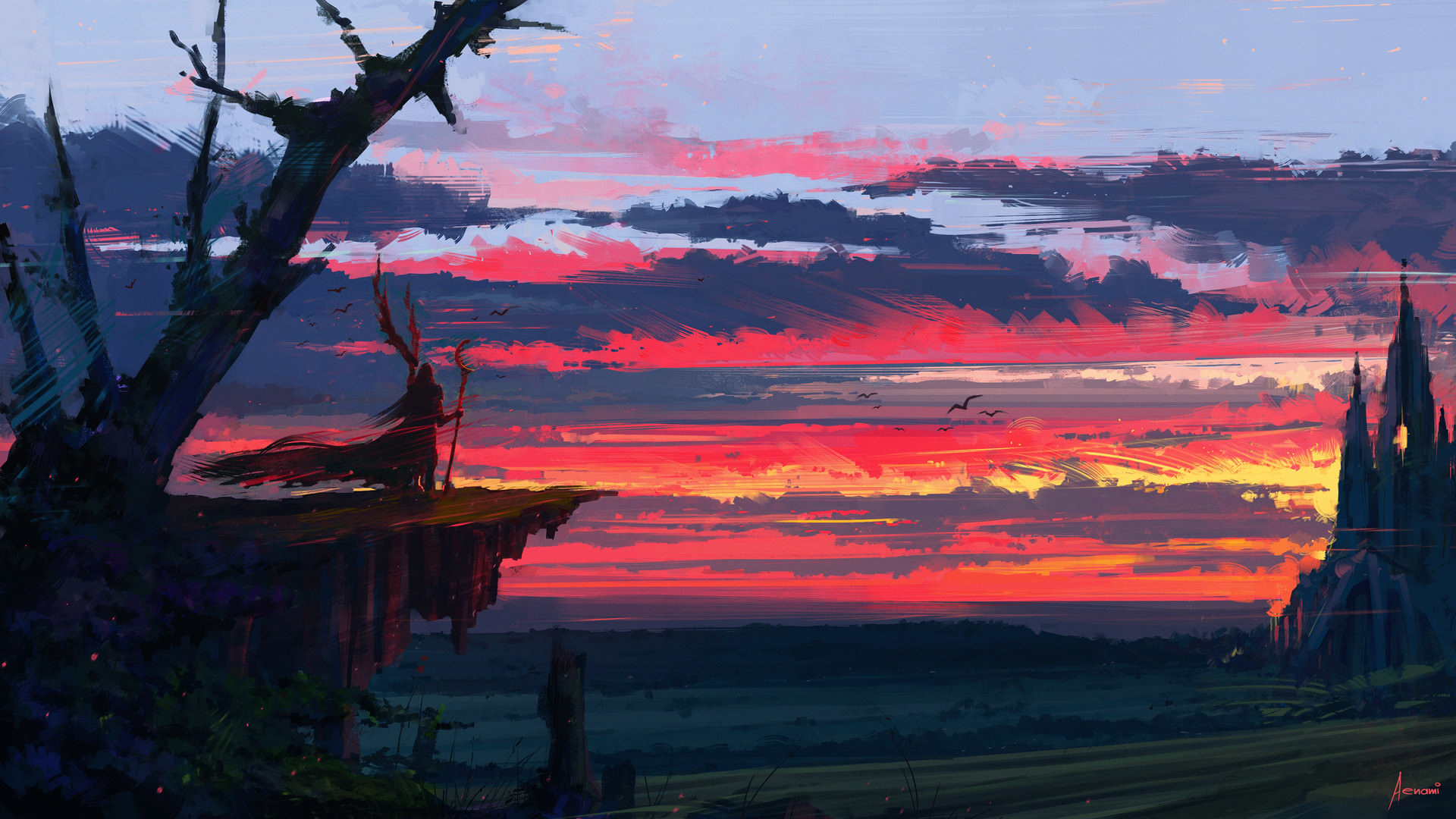 fantasy, landscape, cloud, staff, sunset