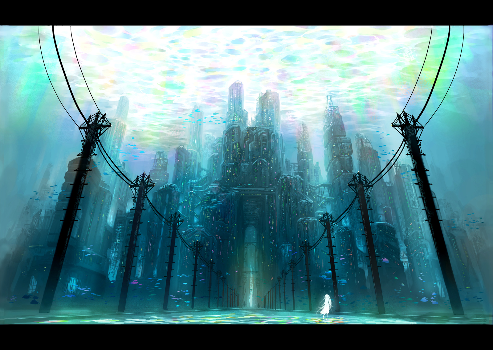 Download mobile wallpaper Anime, Fantasy, Sea, Building, Light, Town, Original for free.