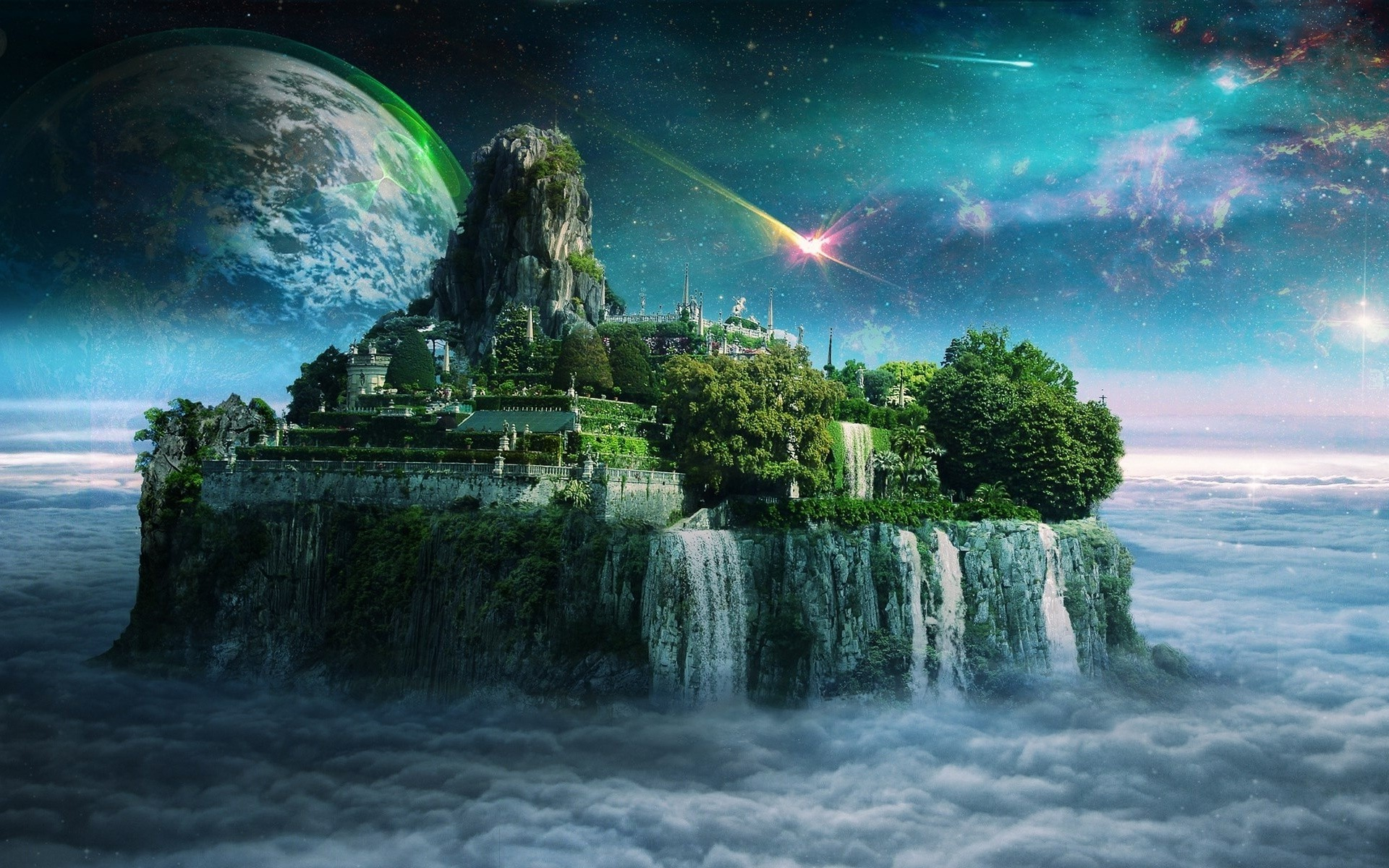 artistic, fantasy, cloud, floating island, landscape, moon, planet