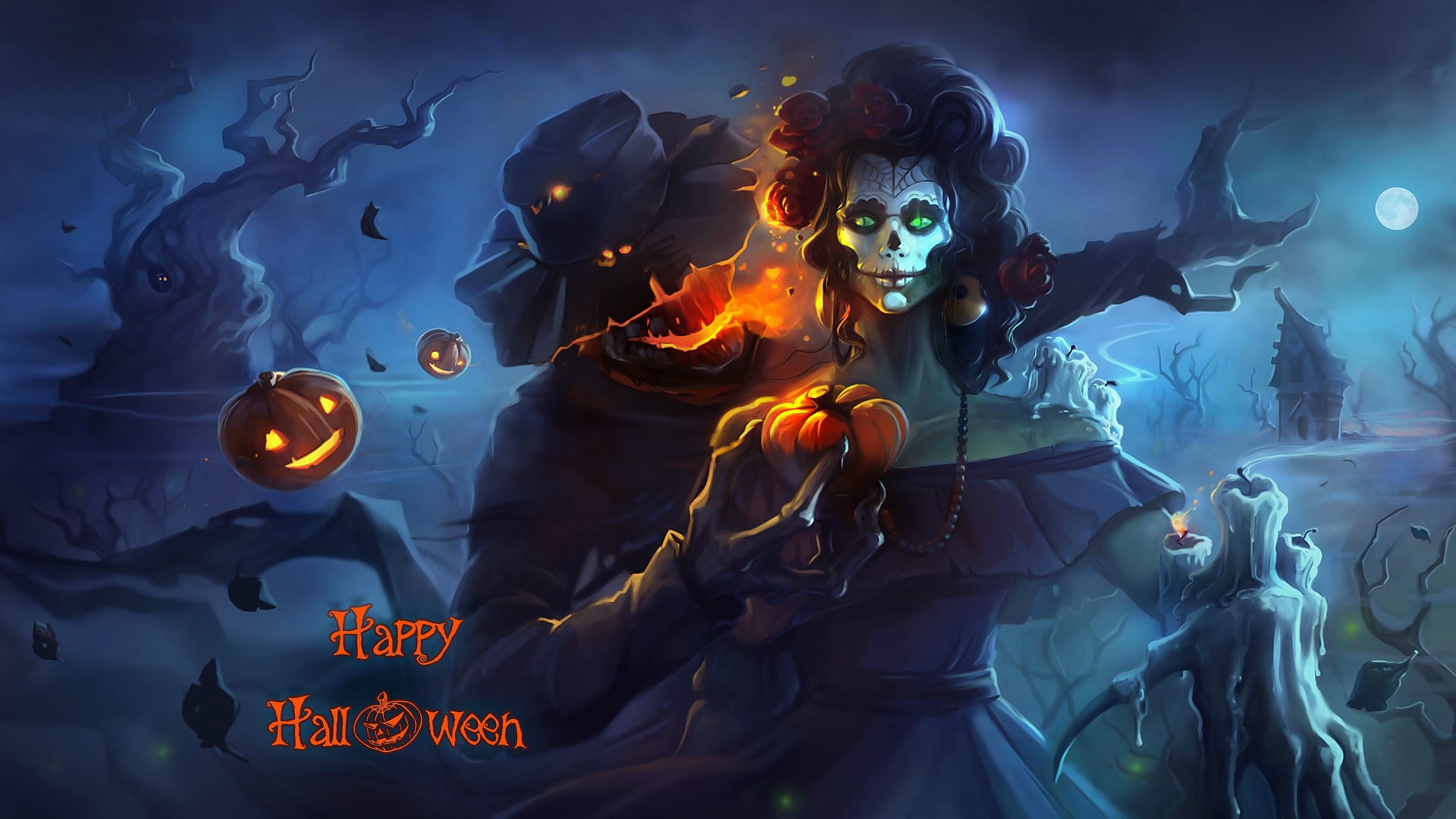 Download mobile wallpaper Halloween, Night, Dark, Holiday, Candle, Jack O' Lantern, Sugar Skull, Happy Halloween for free.