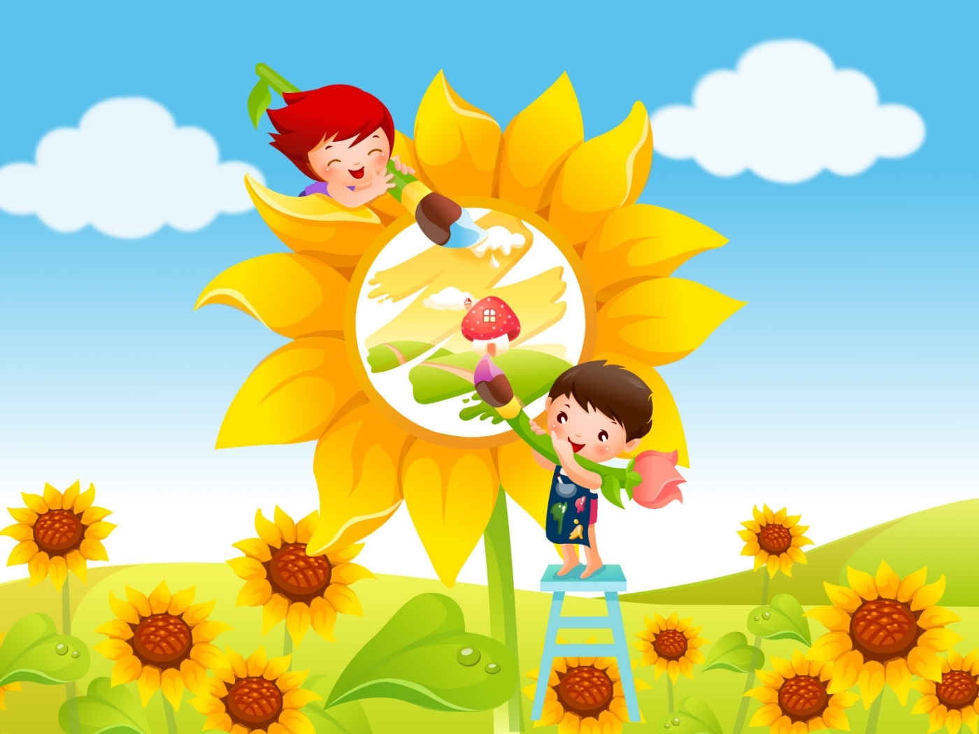 children, flowers, sunflowers, pictures