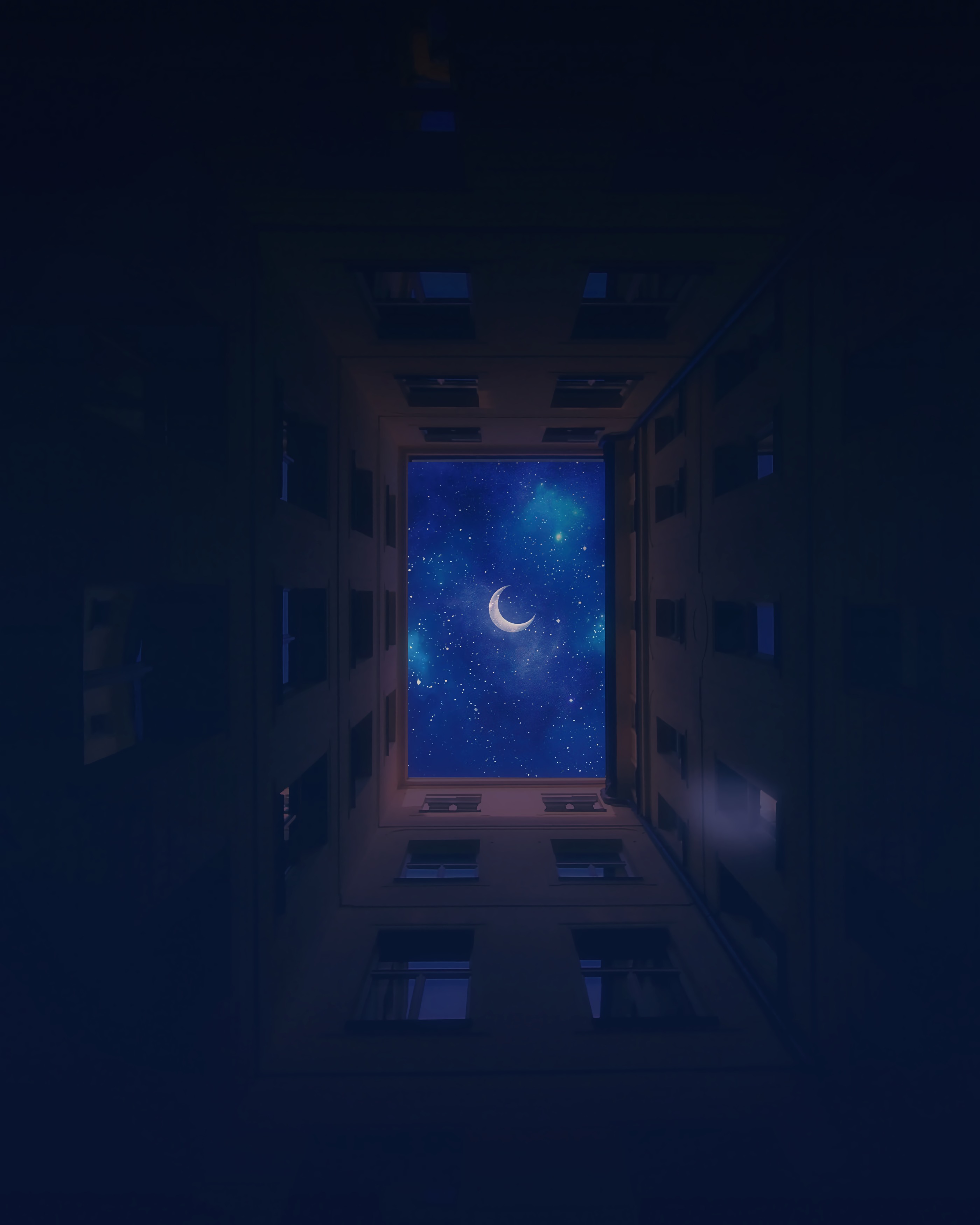 bottom view, moon, night, sky, stars, building, dark mobile wallpaper